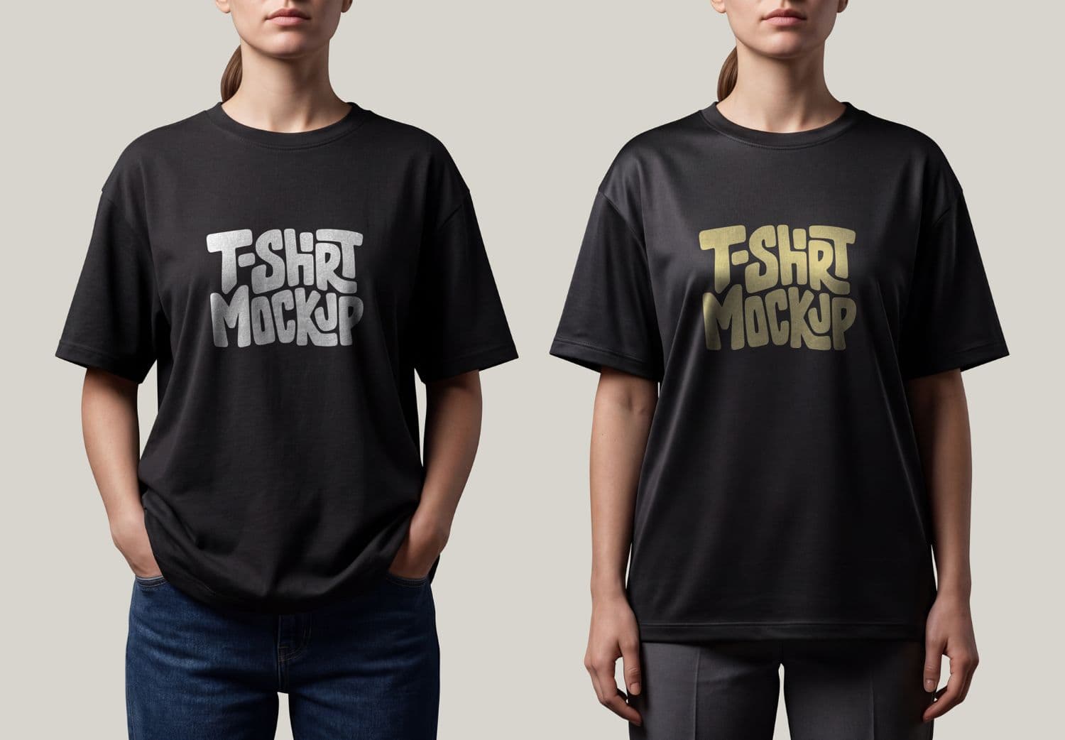 Two Person Black T-Shirt Mockup with Front and Casual Poses