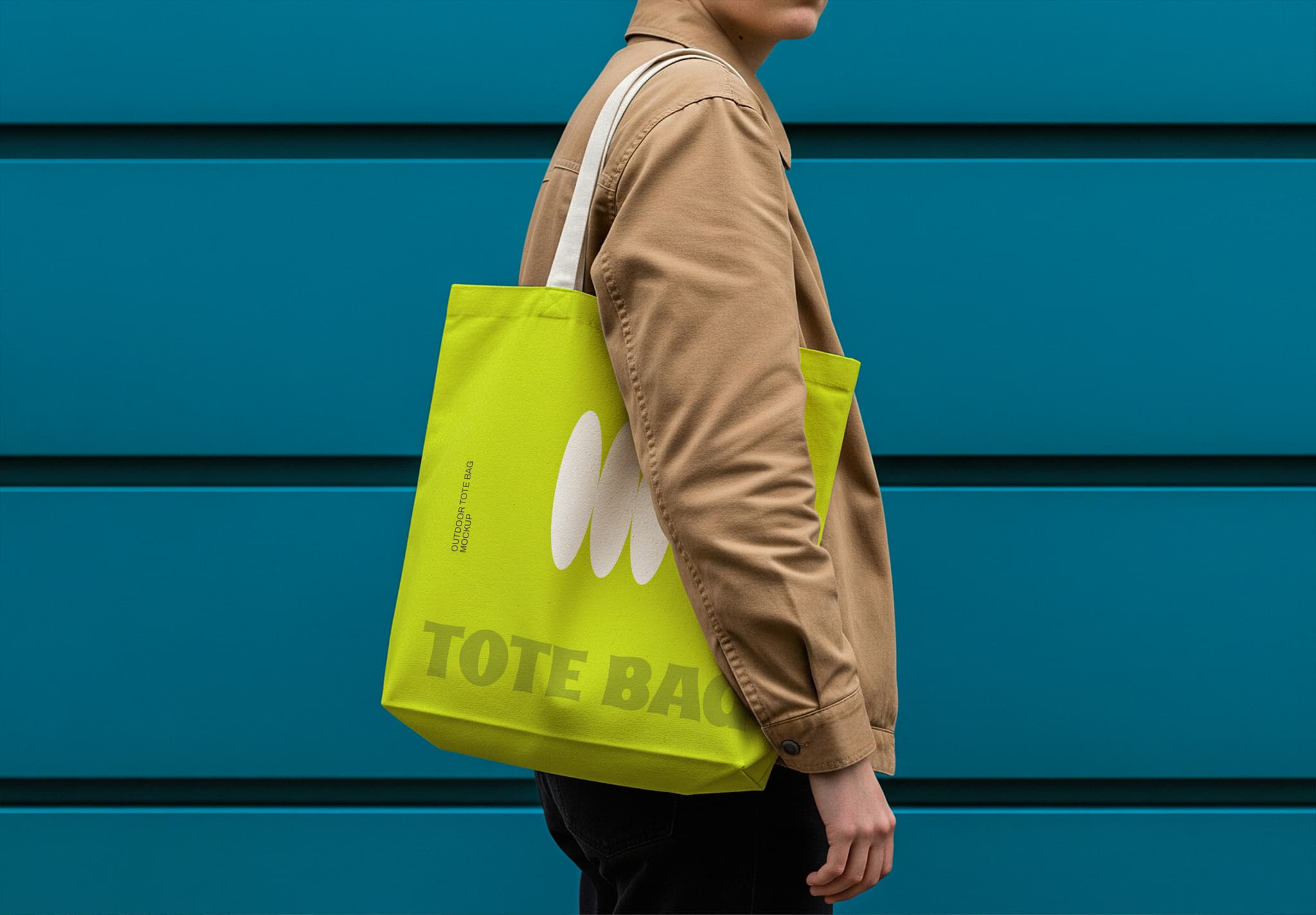 Tote Bag Mockup with Person Wearing Khaki Jacket