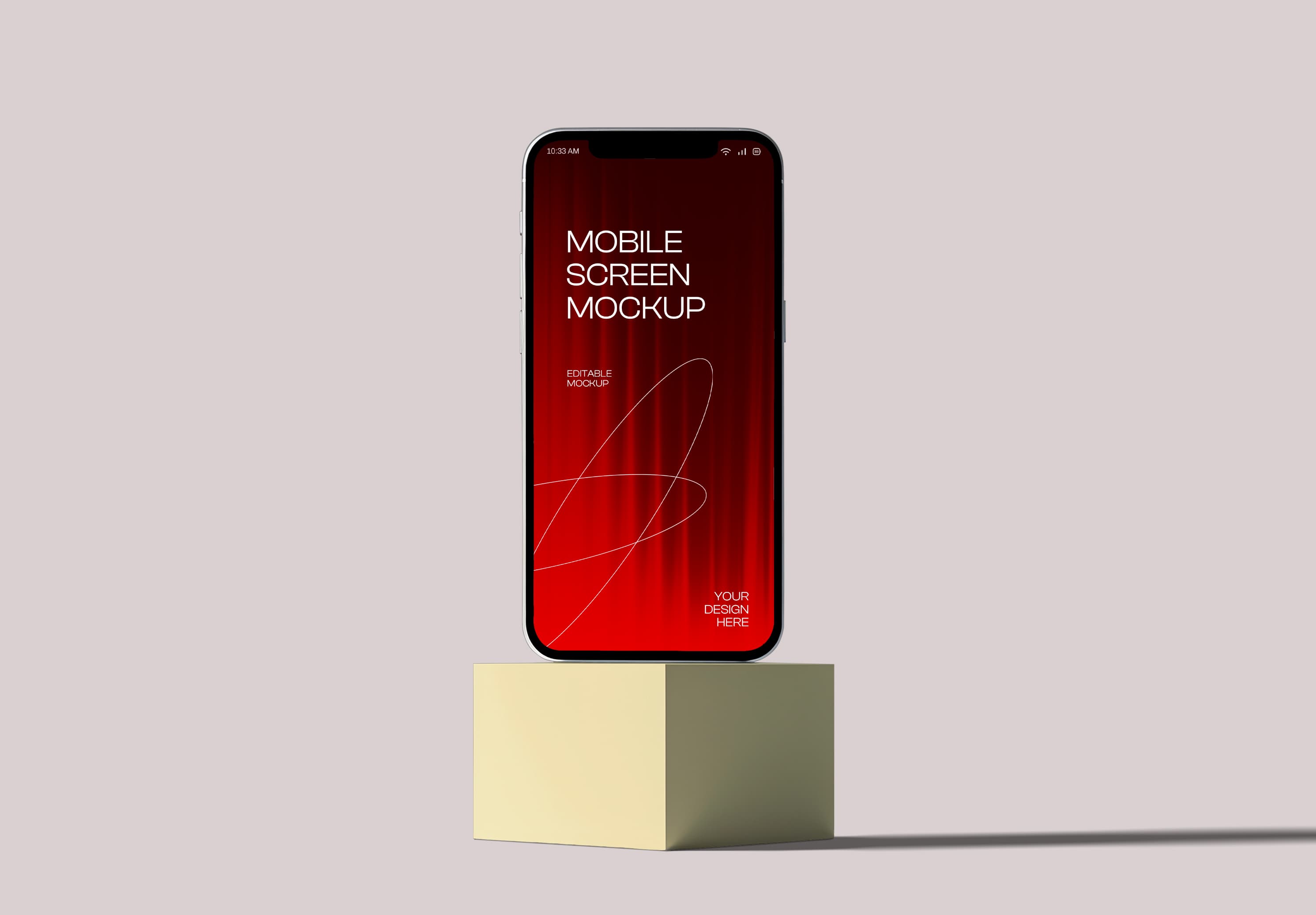 iPhone 14 Pro Mockup – Luxe Red Screen on Dual-Tone Pedestal with Soft Shadow