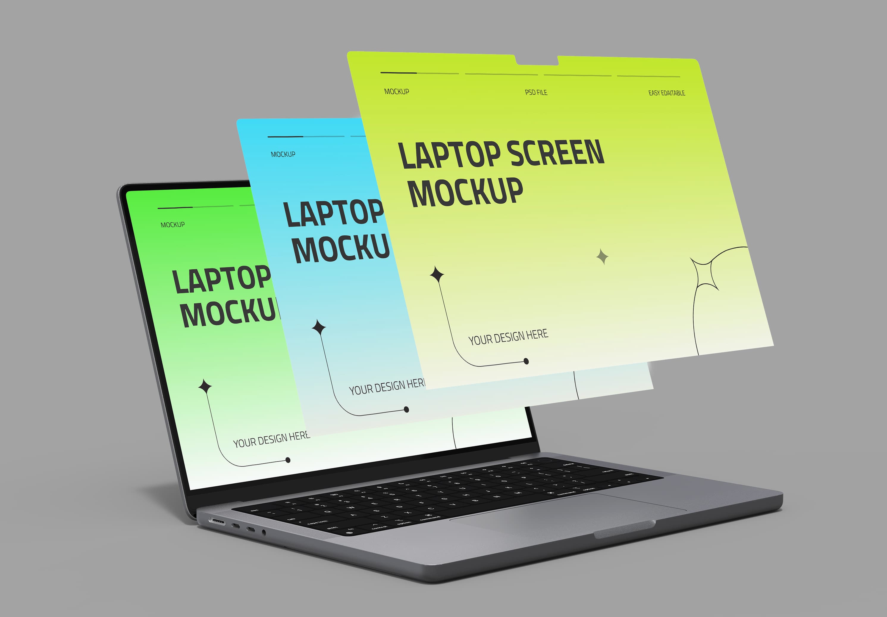 Laptop Mockup – 3 Floating Screens, Editable PSD