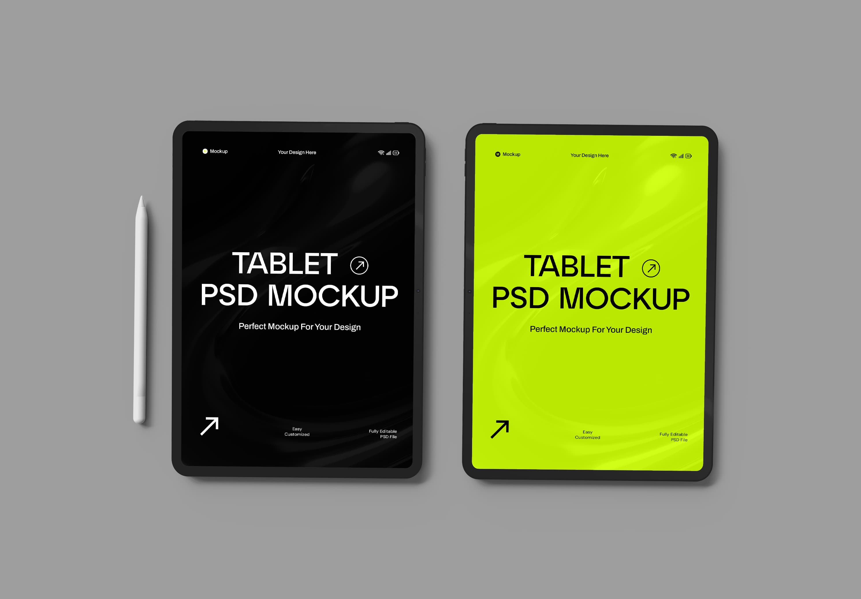 Dual-Tone Tablet Mockup (Black & Neon Green) – Bold UI/UX Presentation for Modern Designers