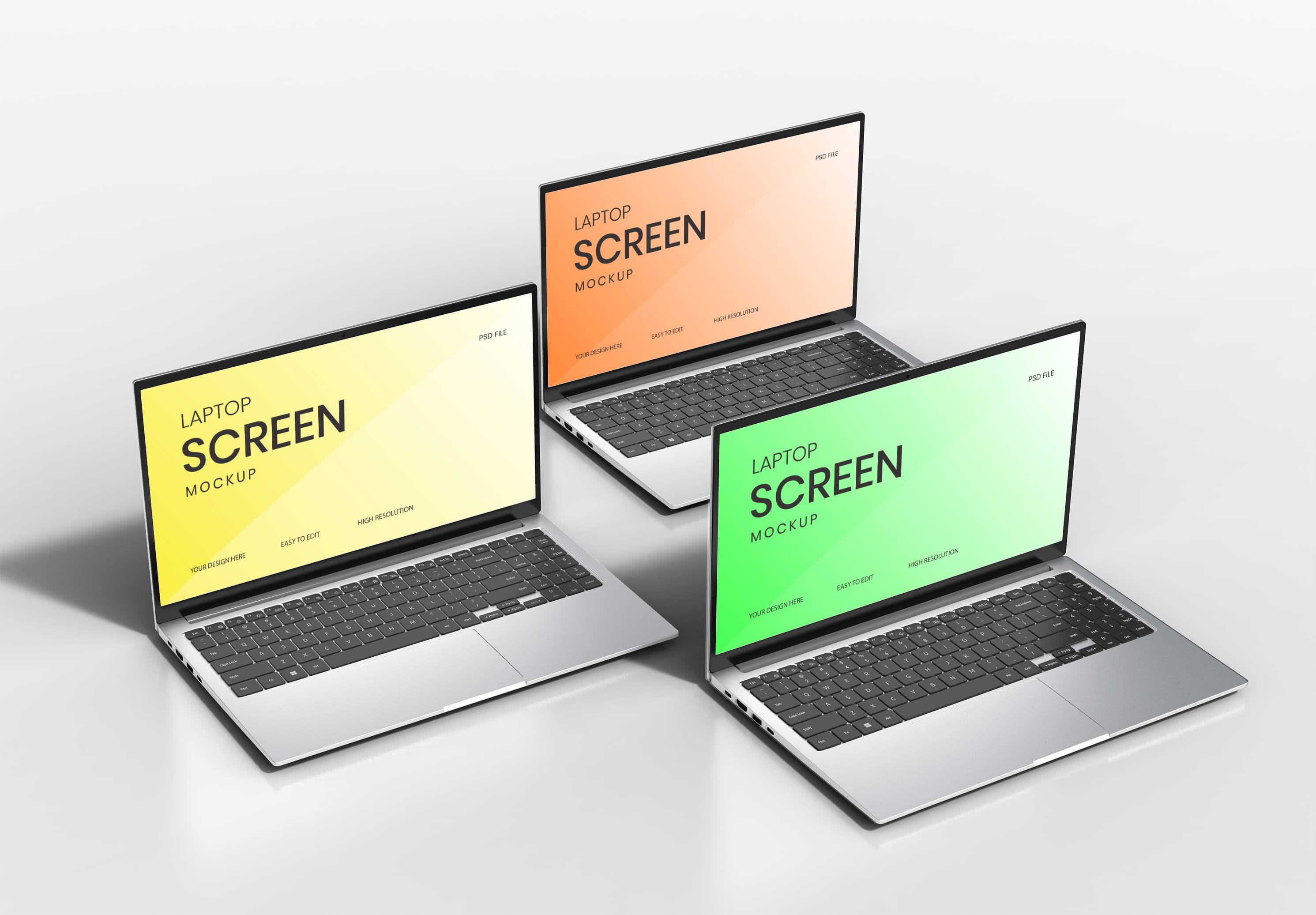 Vibrant Triple Laptop Mockup – Yellow, Orange & Green Screens for Modern Designers & Brands