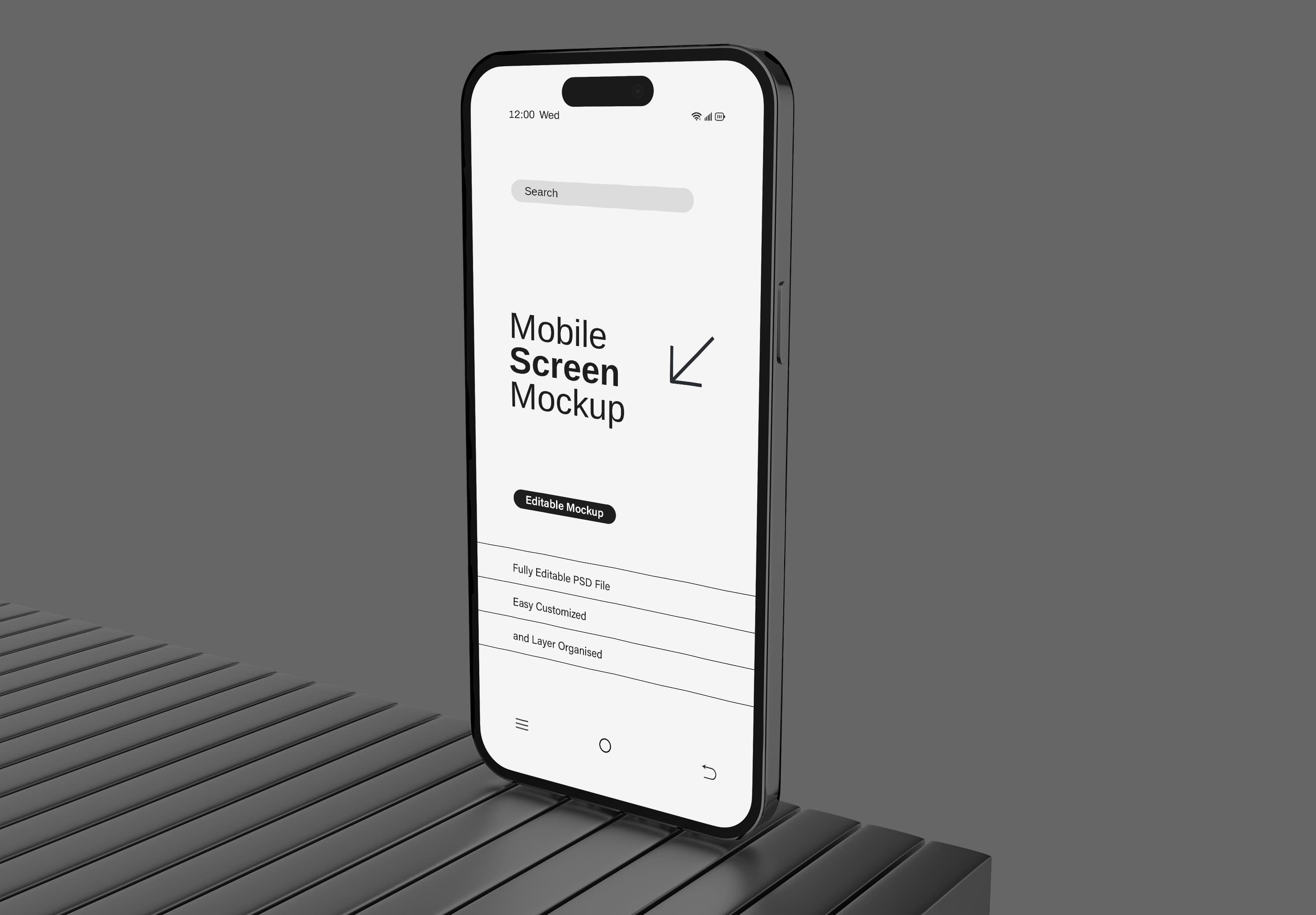 Minimalist White iPhone 15 Pro Mockup – Clean Presentation on Geometric Slatted Base for Designers