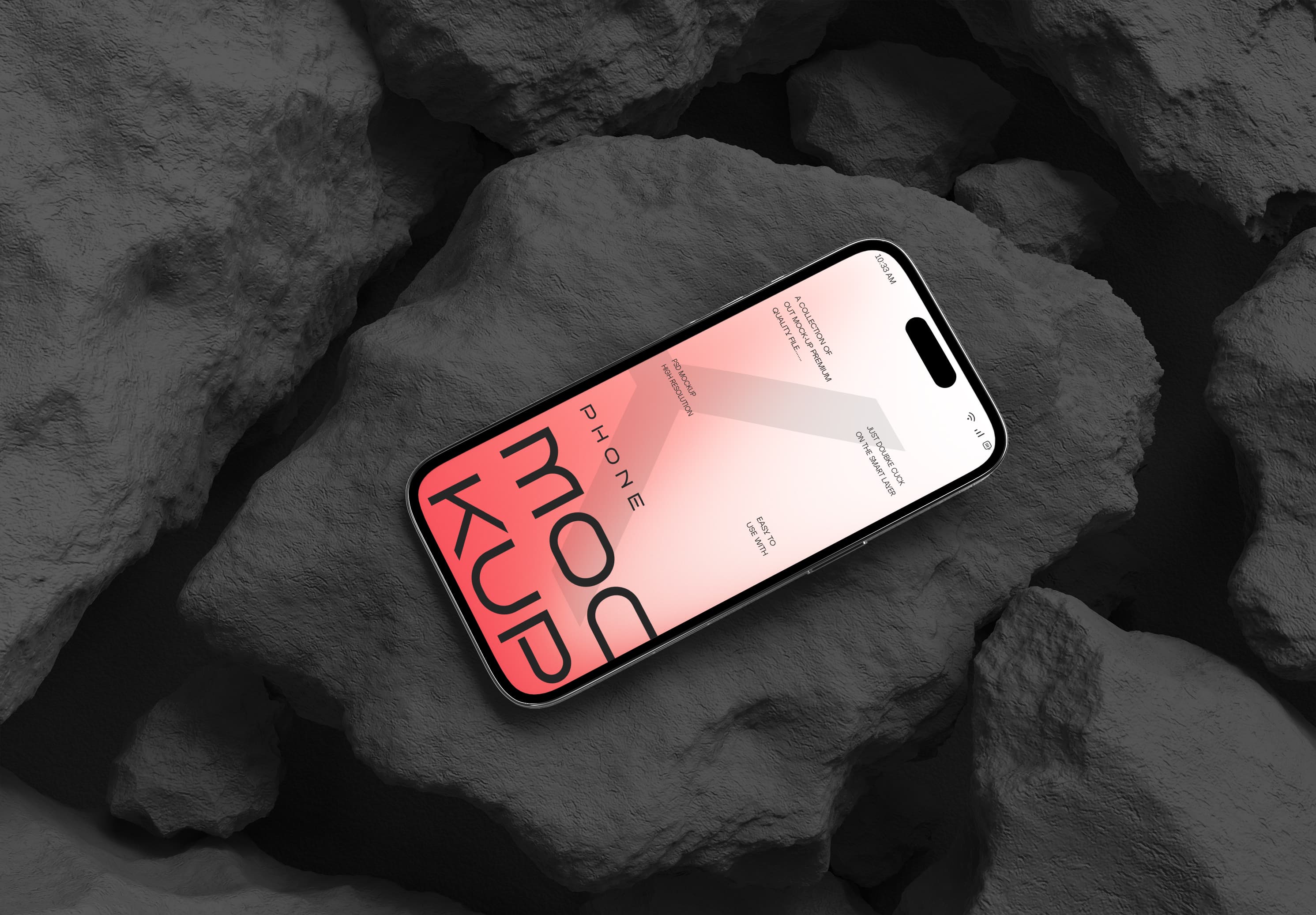 iPhone 15 Pro Mockup – Red Gradient Screen on Dark Rock Terrain
