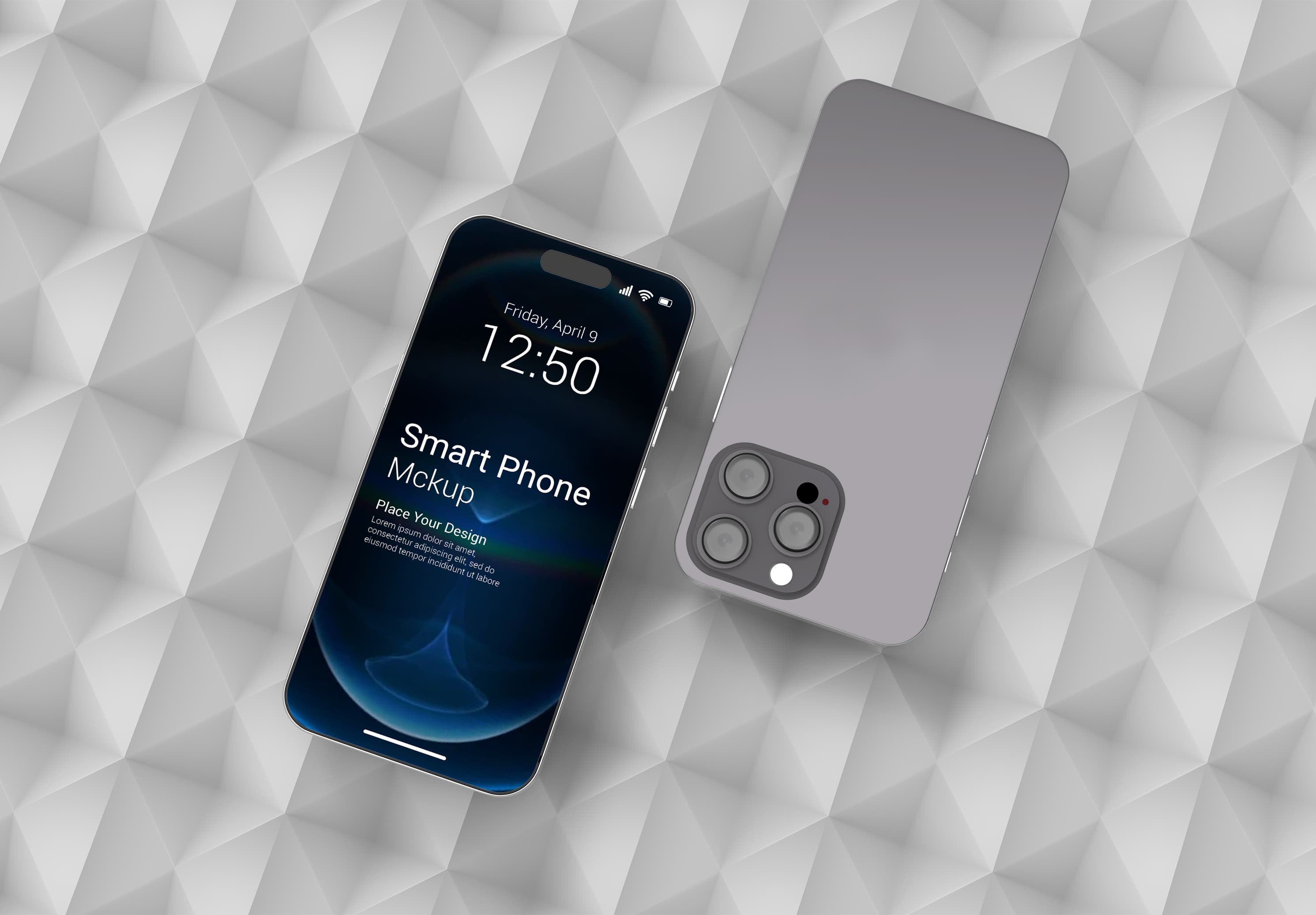 Dual View Smartphone Mockup – Front & Back on Geometric 3D Background