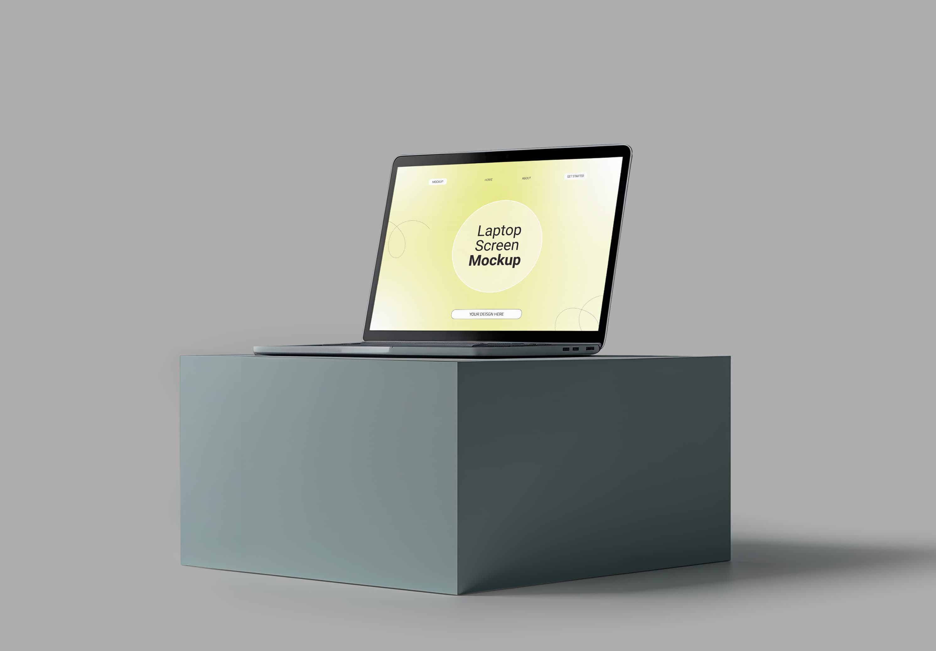 MacBook Air Mockup – Soft Yellow Screen on Dual-Tone Gray Pedestal