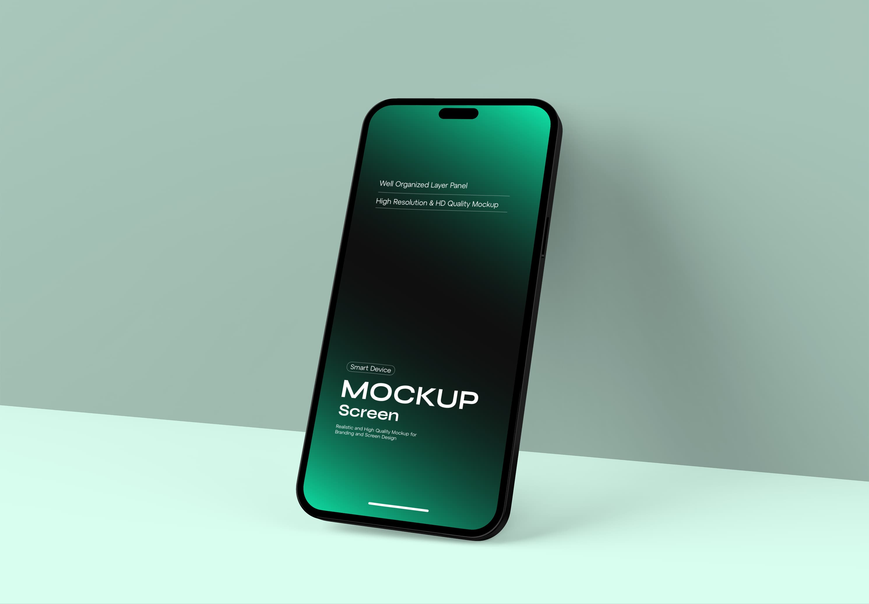 iPhone 16 Mockup – Dark Green Gradient Screen on Soft Mint Background