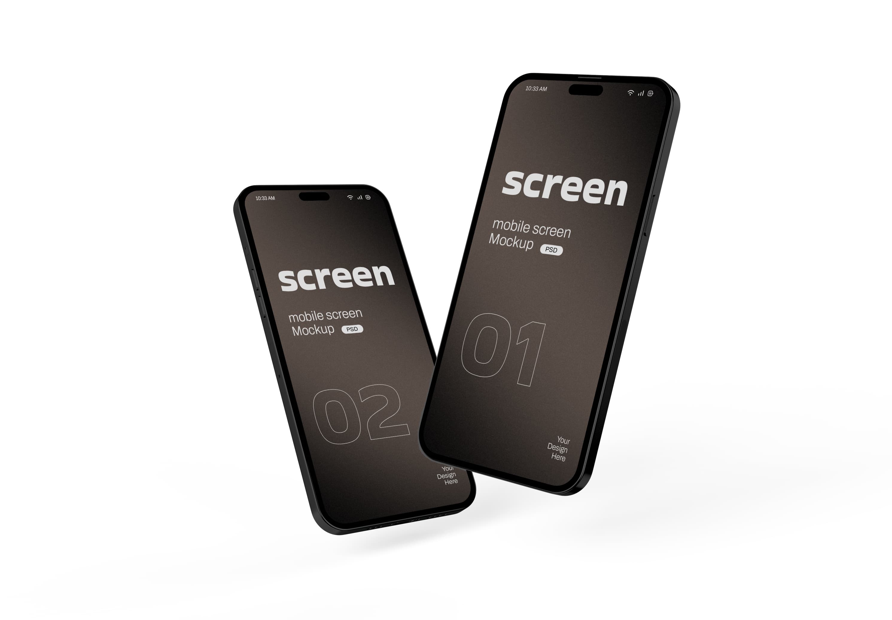 iPhone 15 Plus Dual Mockup – Floating Black Screens on White Background