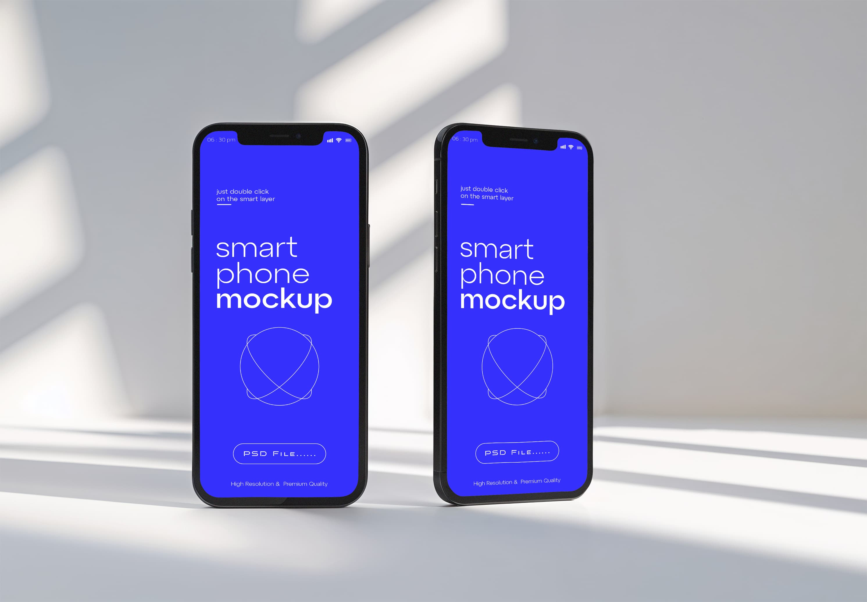 iPhone 15 Dual Mockup – Electric Blue Screens with Sunlight Shadow Effect