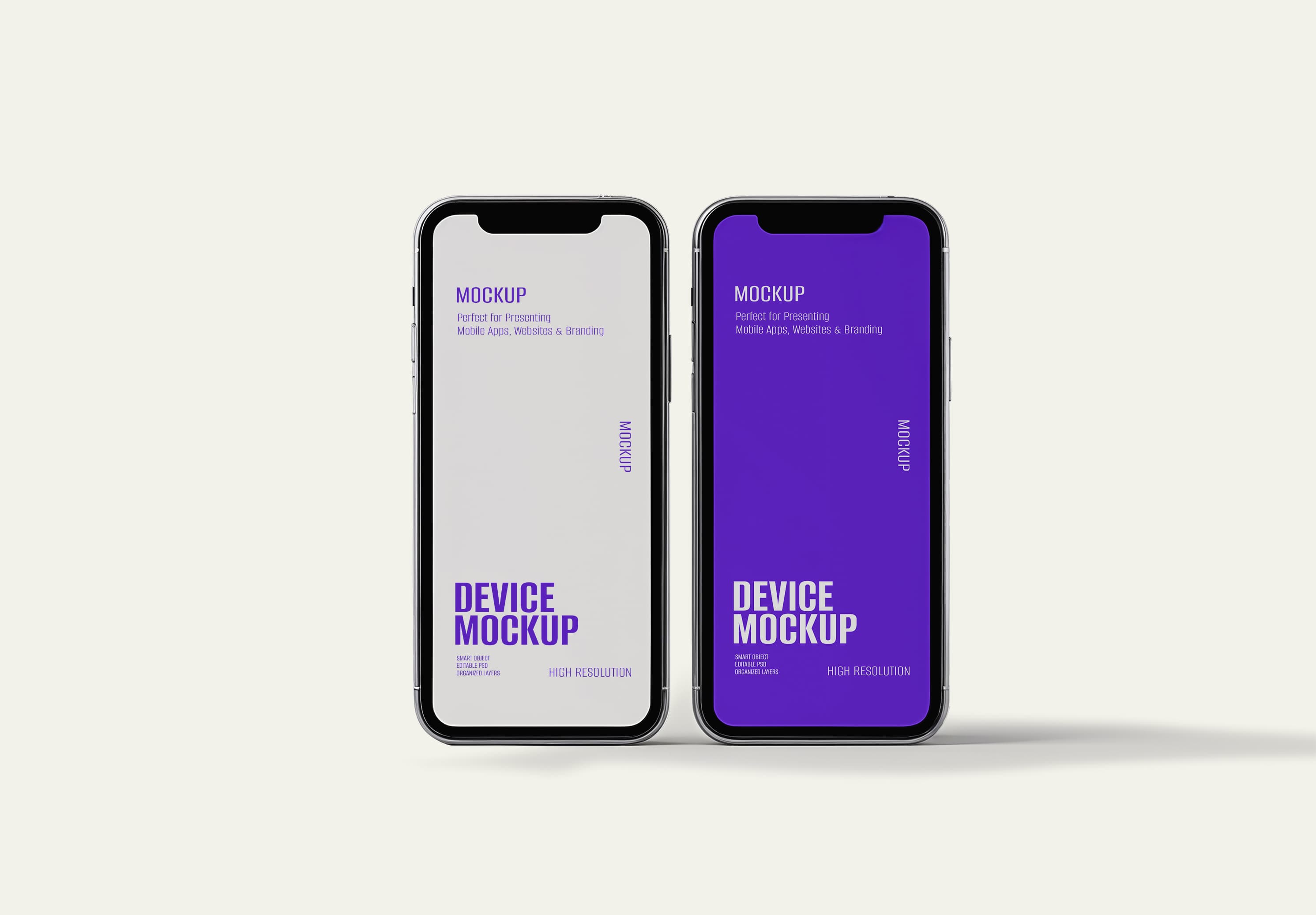 iPhone 11 Dual Mockup – White & Purple Screens on Soft Neutral Background