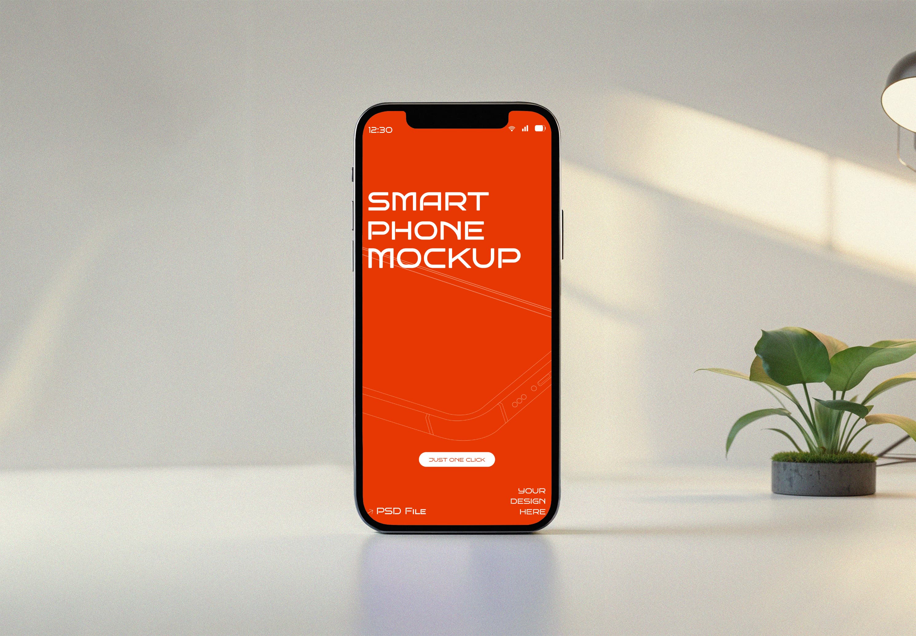 iPhone 12 Pro Mockup – Bold Orange Screen on Modern Desk with Plant & Lamp