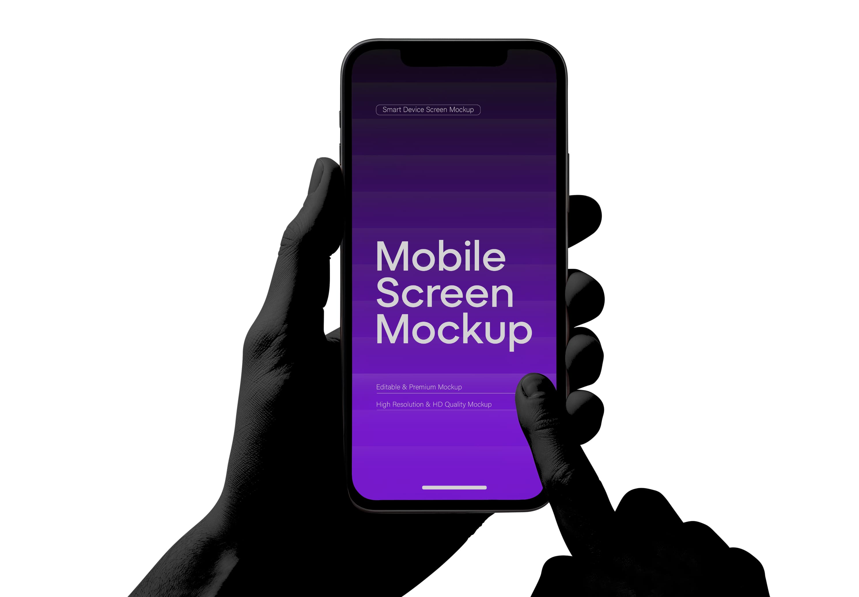 Two-Handed iPhone 15 Pro Mockup – Purple Gradient Screen with Tap Gesture