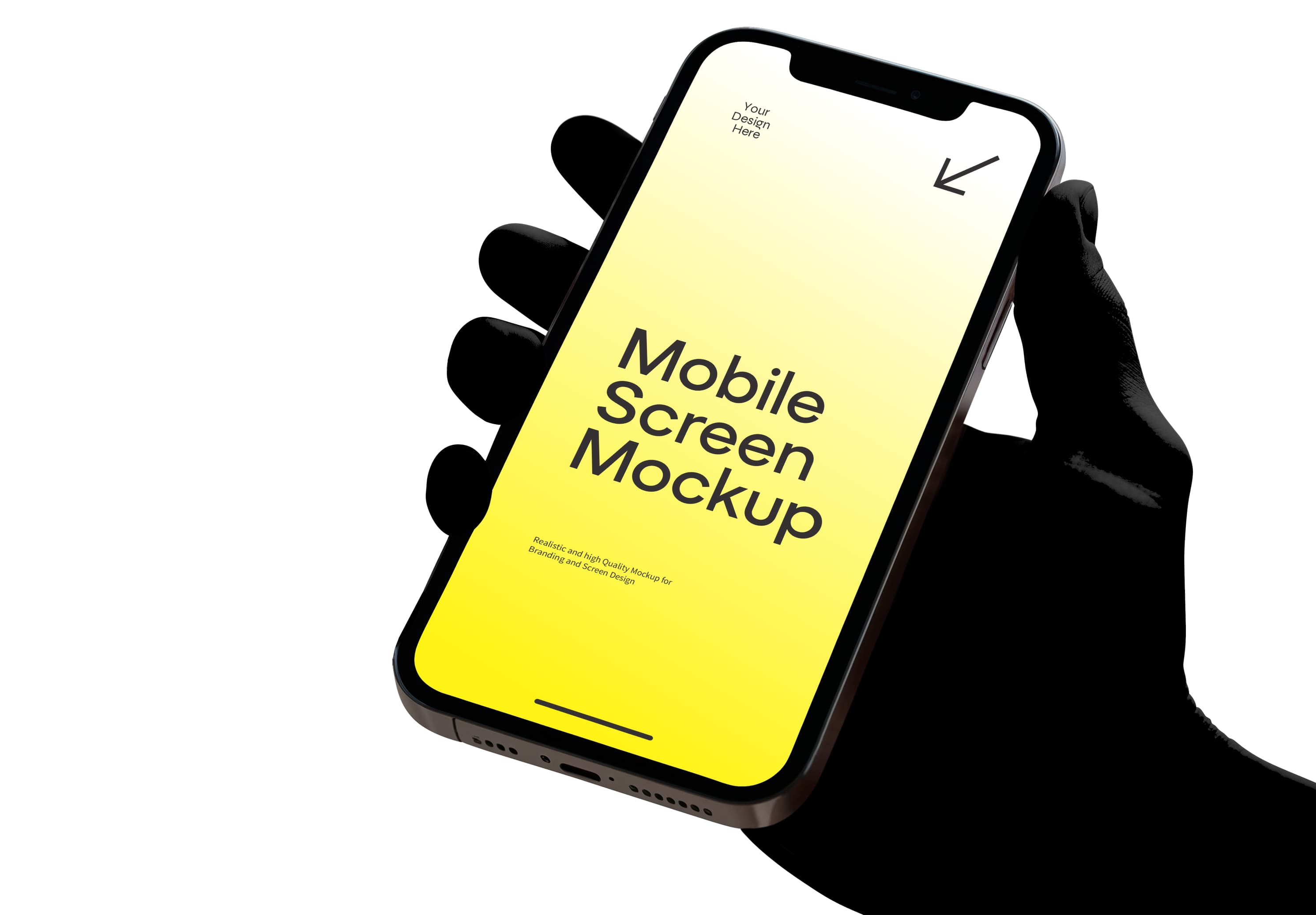 Hand-Held iPhone 12 Pro Mockup – Bright Yellow Screen for Branding & UI