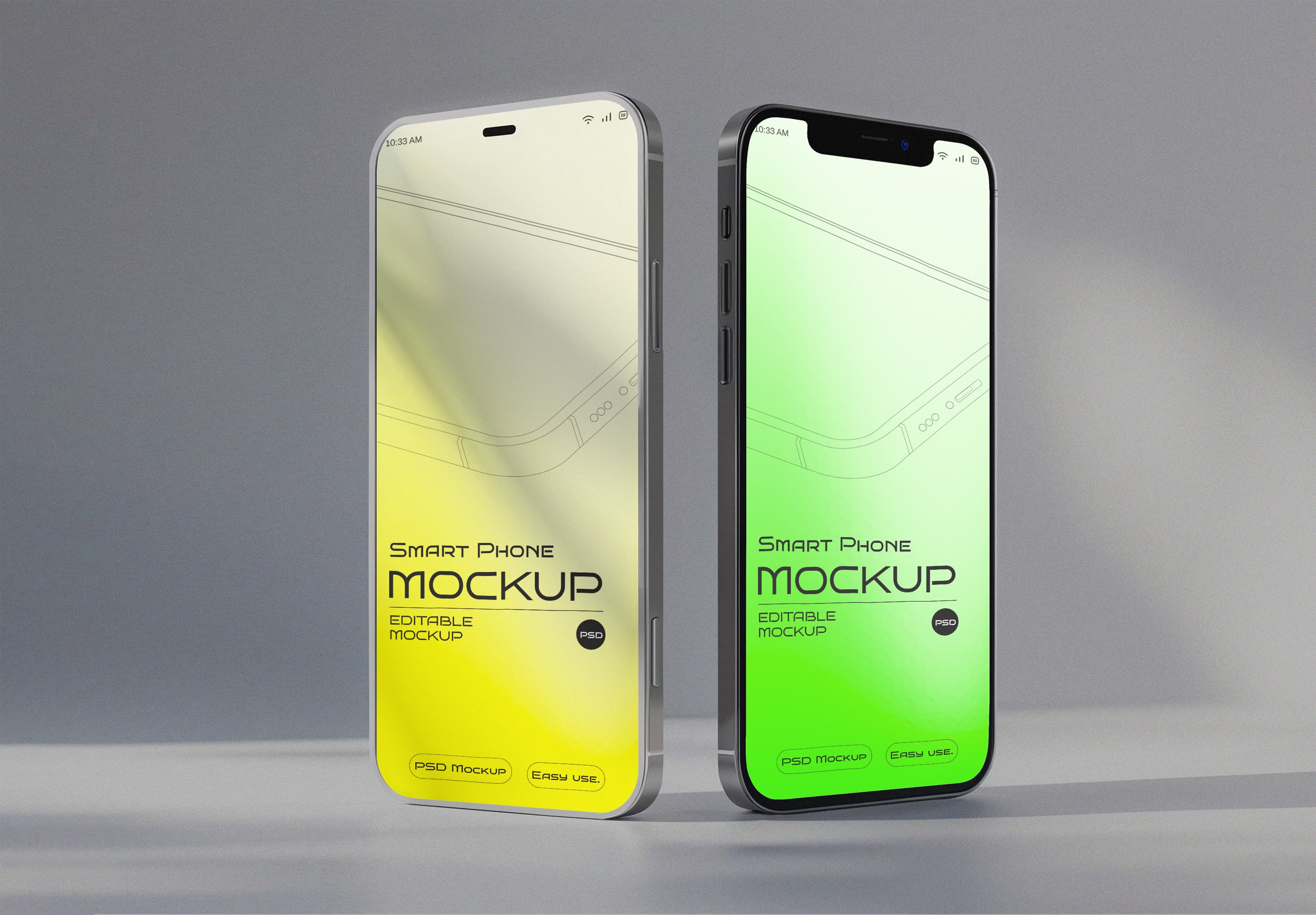 Dual iPhone 12 Pro Mockup – Yellow & Green Gradient for UI Comparison