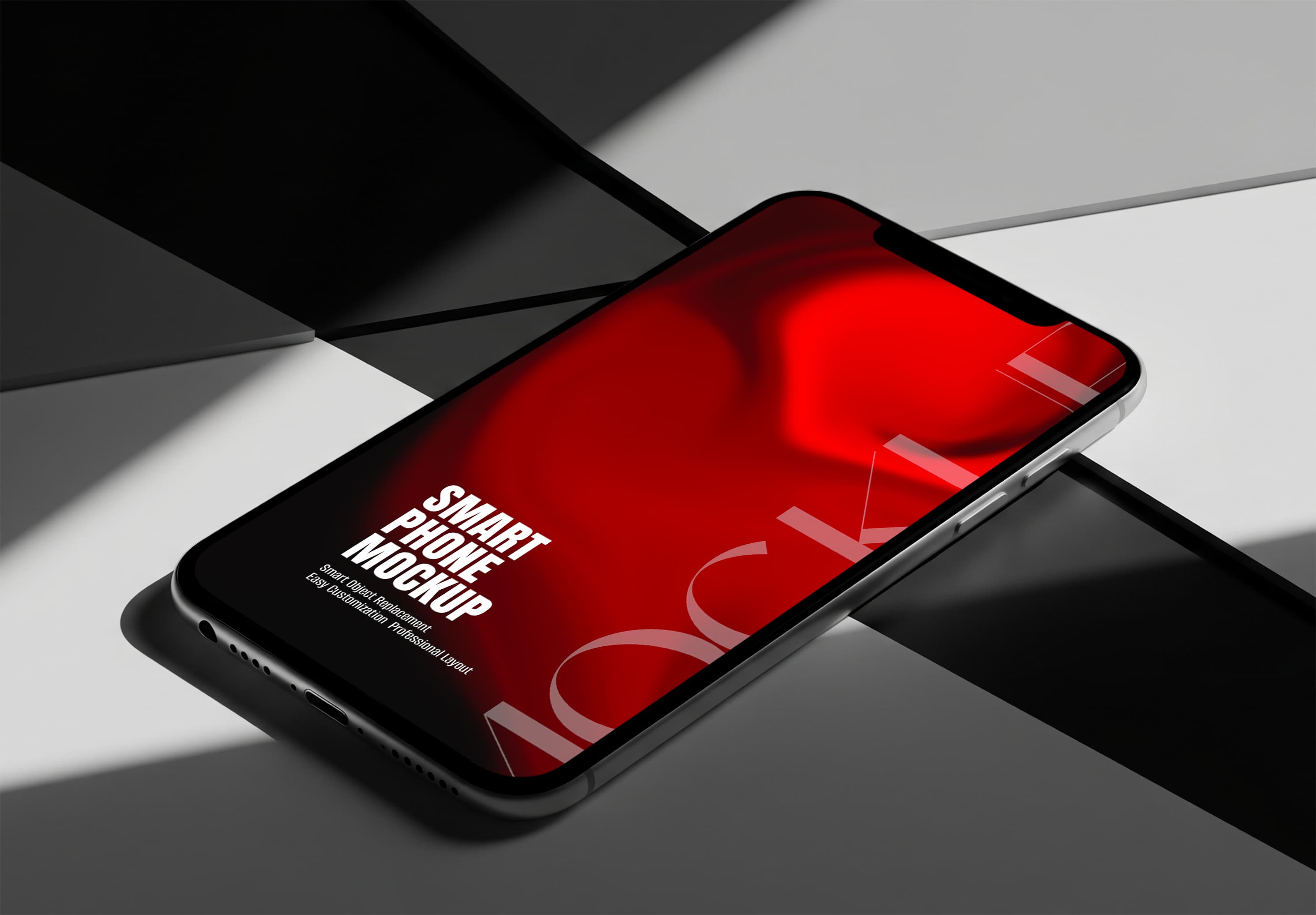 Editorial iPhone 12 Pro Max Mockup – Bold Red Screen on Geometric Background