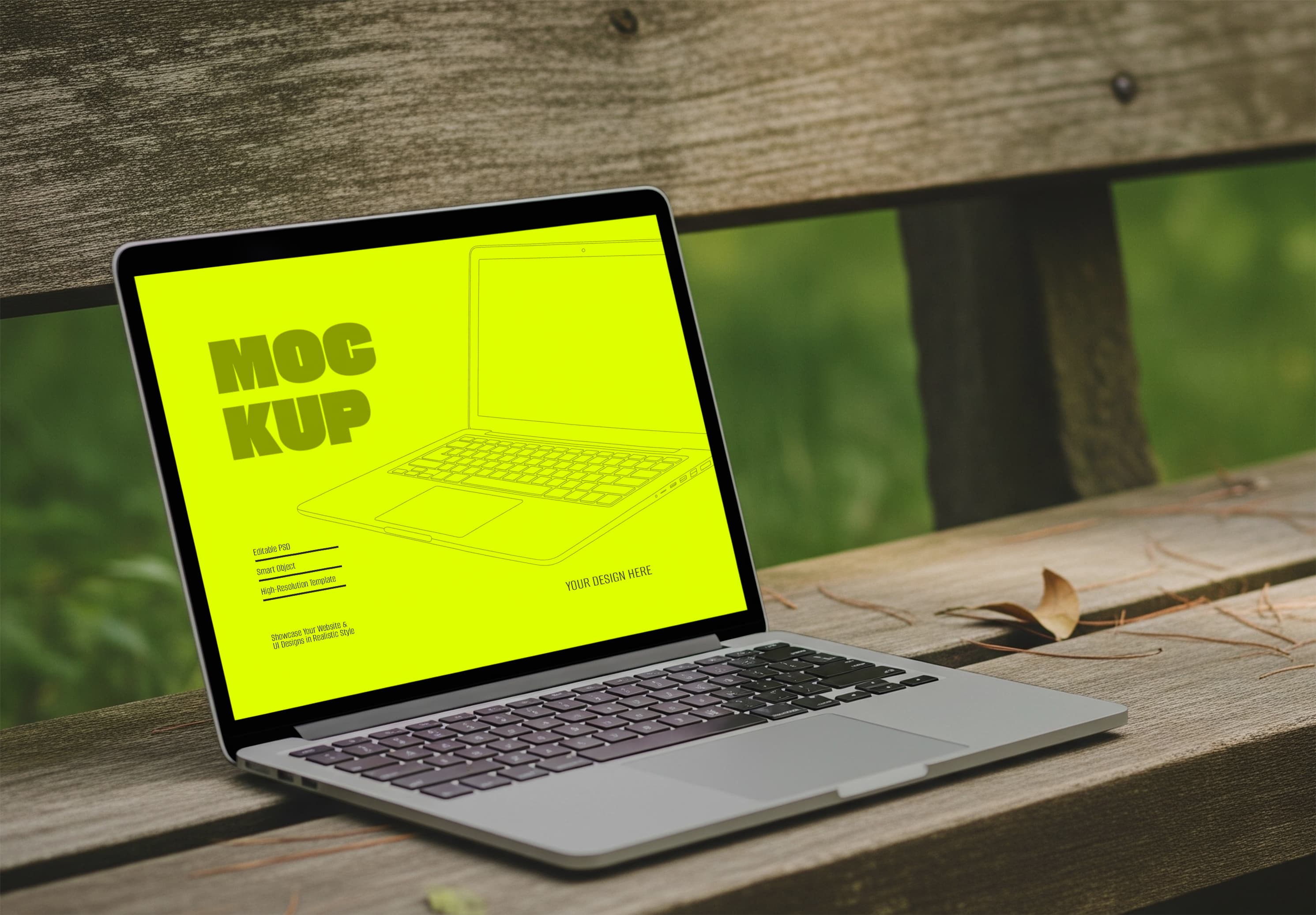 Outdoor MacBook Pro Mockup – Neon Green Screen on Wooden Bench
