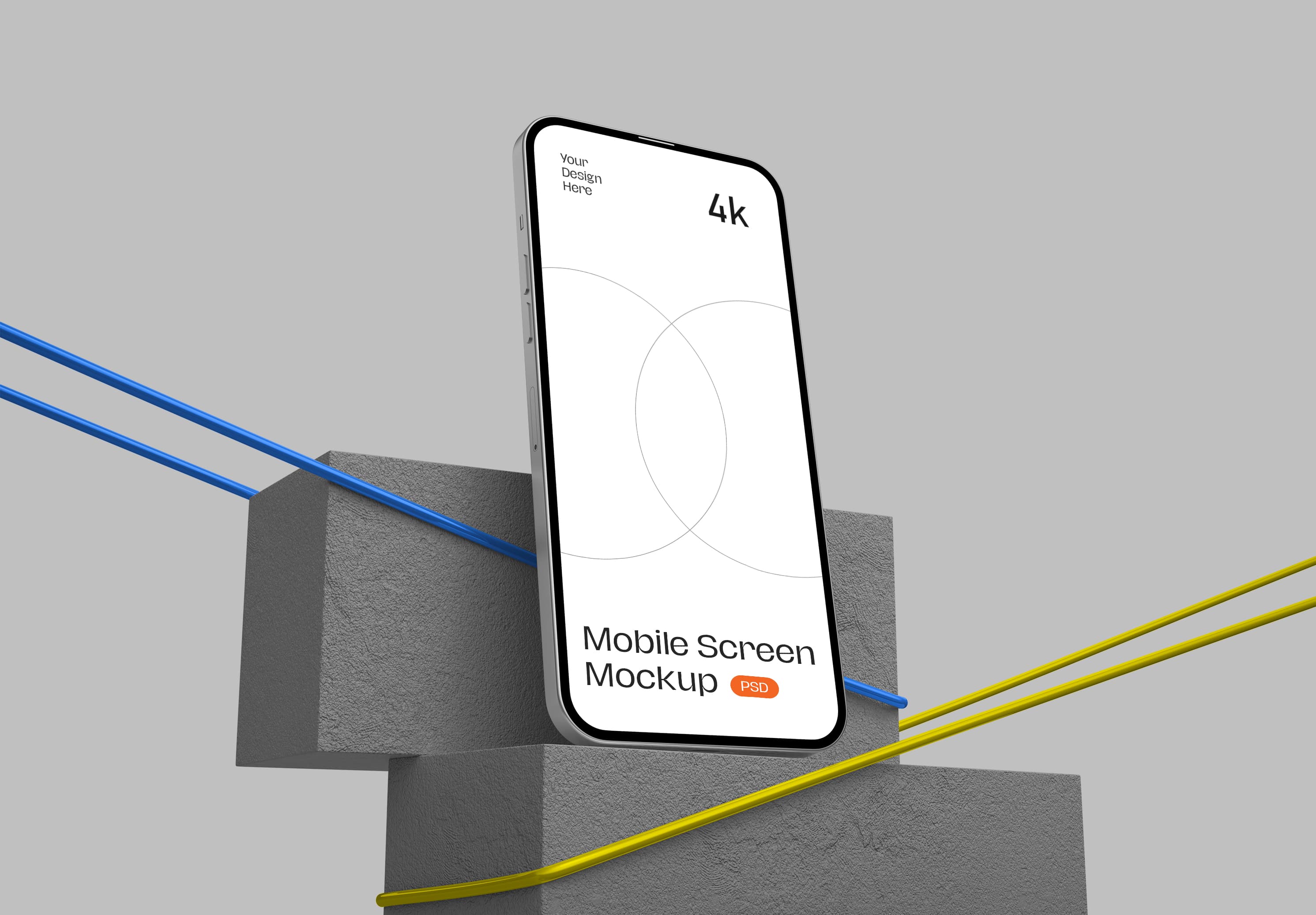 Abstract 3D iPhone 13 Pro Mockup – 4K Screen on Concrete Blocks with Color Lines