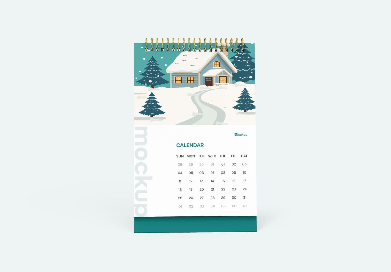 Winter Desk Calendar Mockup with Gold Spiral Binding