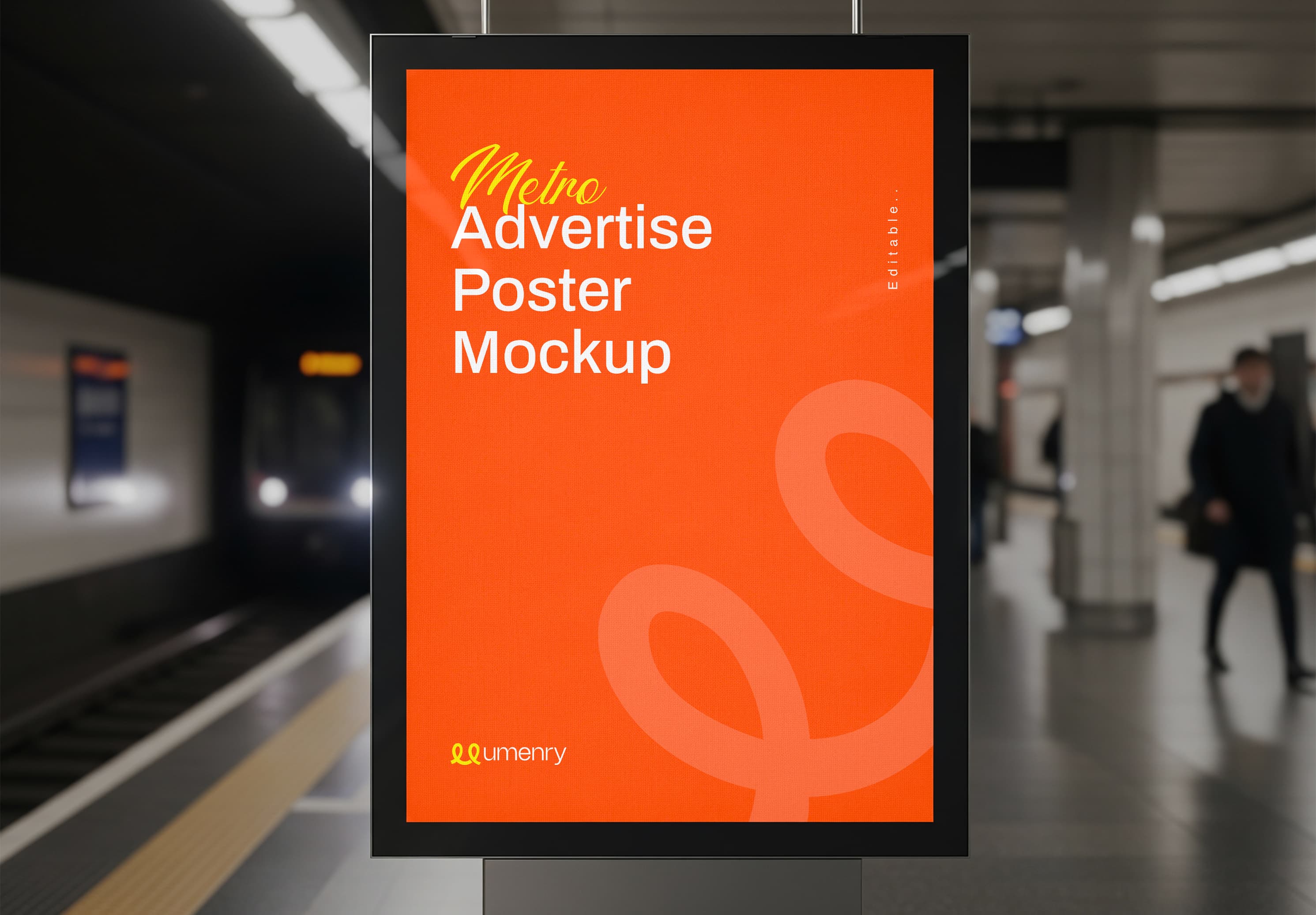 Metro Ad Poster Mockup – Vibrant Orange Display in Subway Station