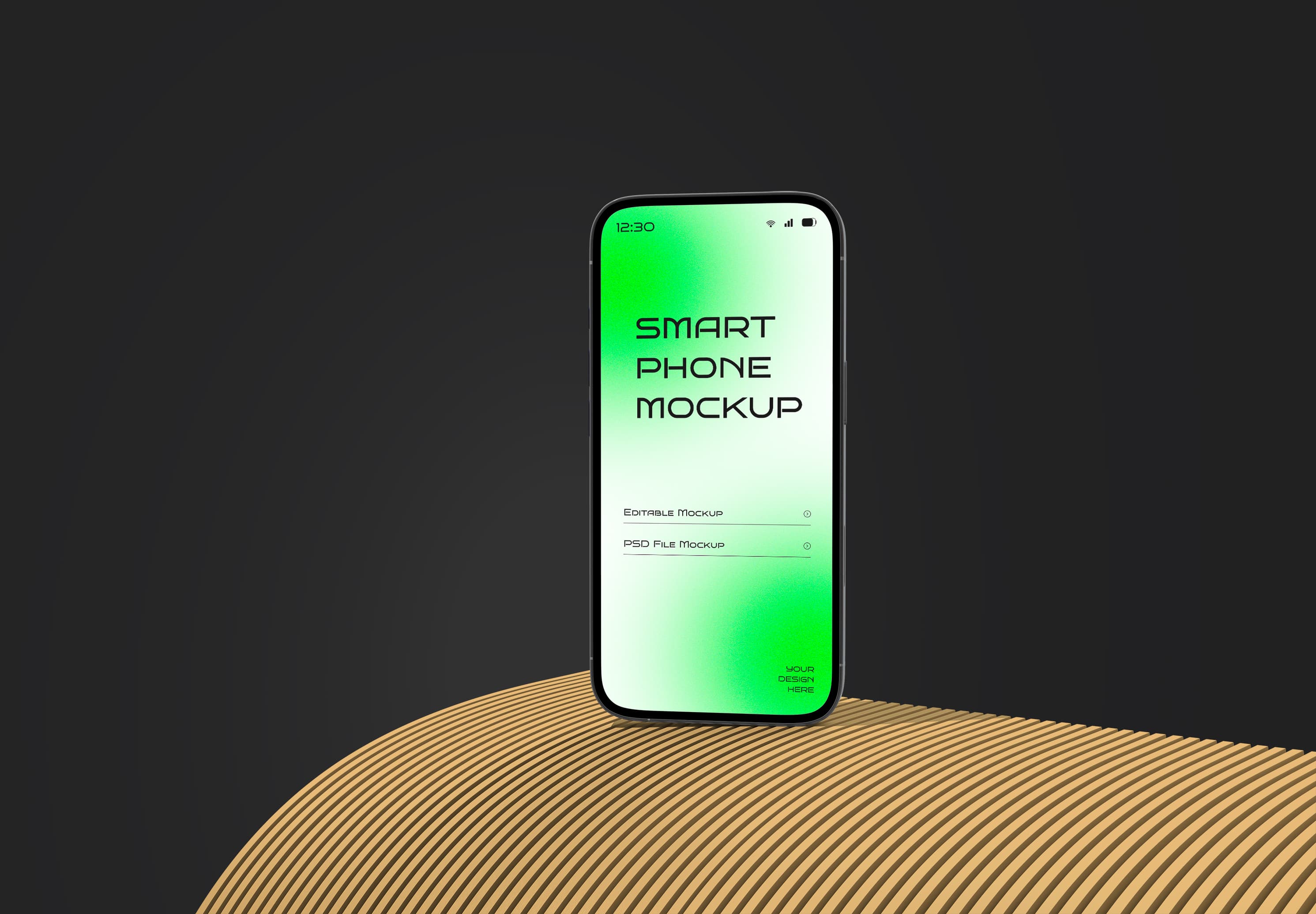 Smartphone Mockup on Curved Wooden Pedestal – Green Gradient Screen