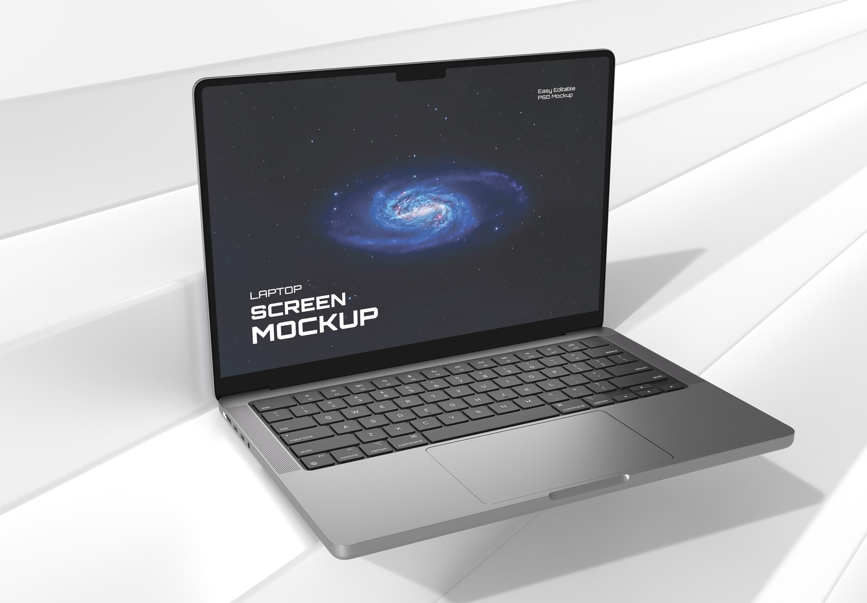 Cosmic Galaxy Laptop Screen Mockup – Floating on White Geometric Surface