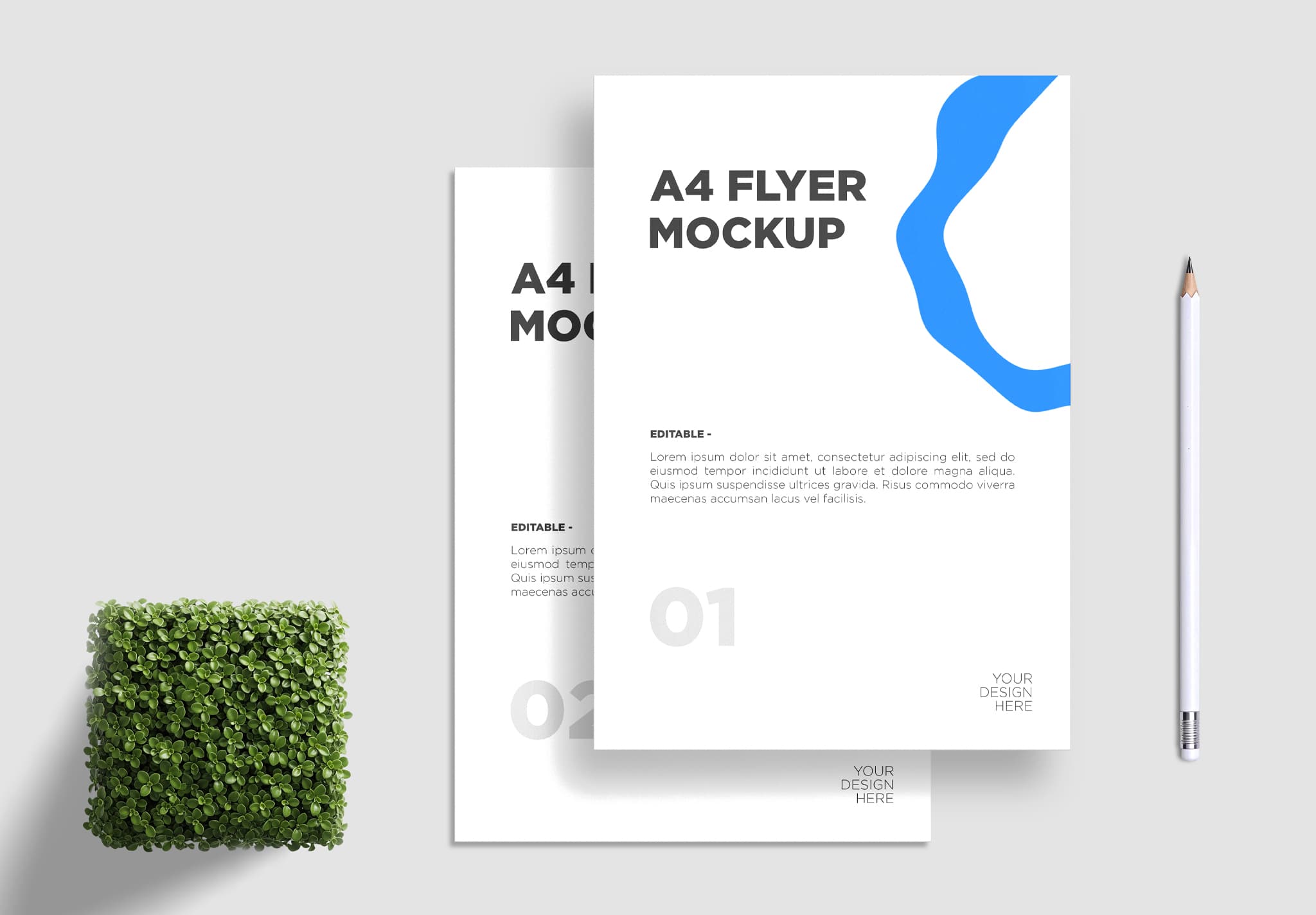 A4 Flyer Mockup with Blue Graphics and Office Elements | MockupHive