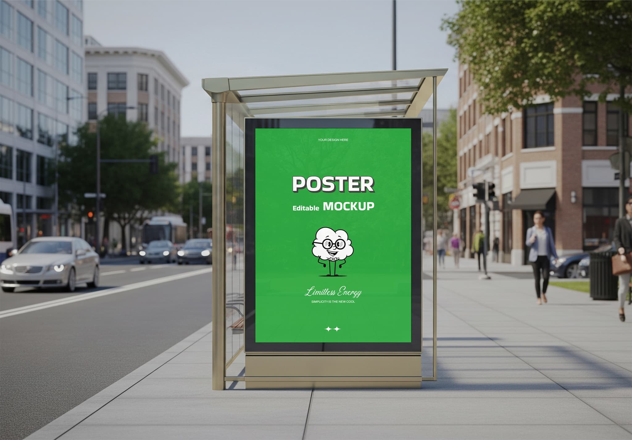 Bus Stop Shelter Digital Poster Mockup in Urban Cityscape