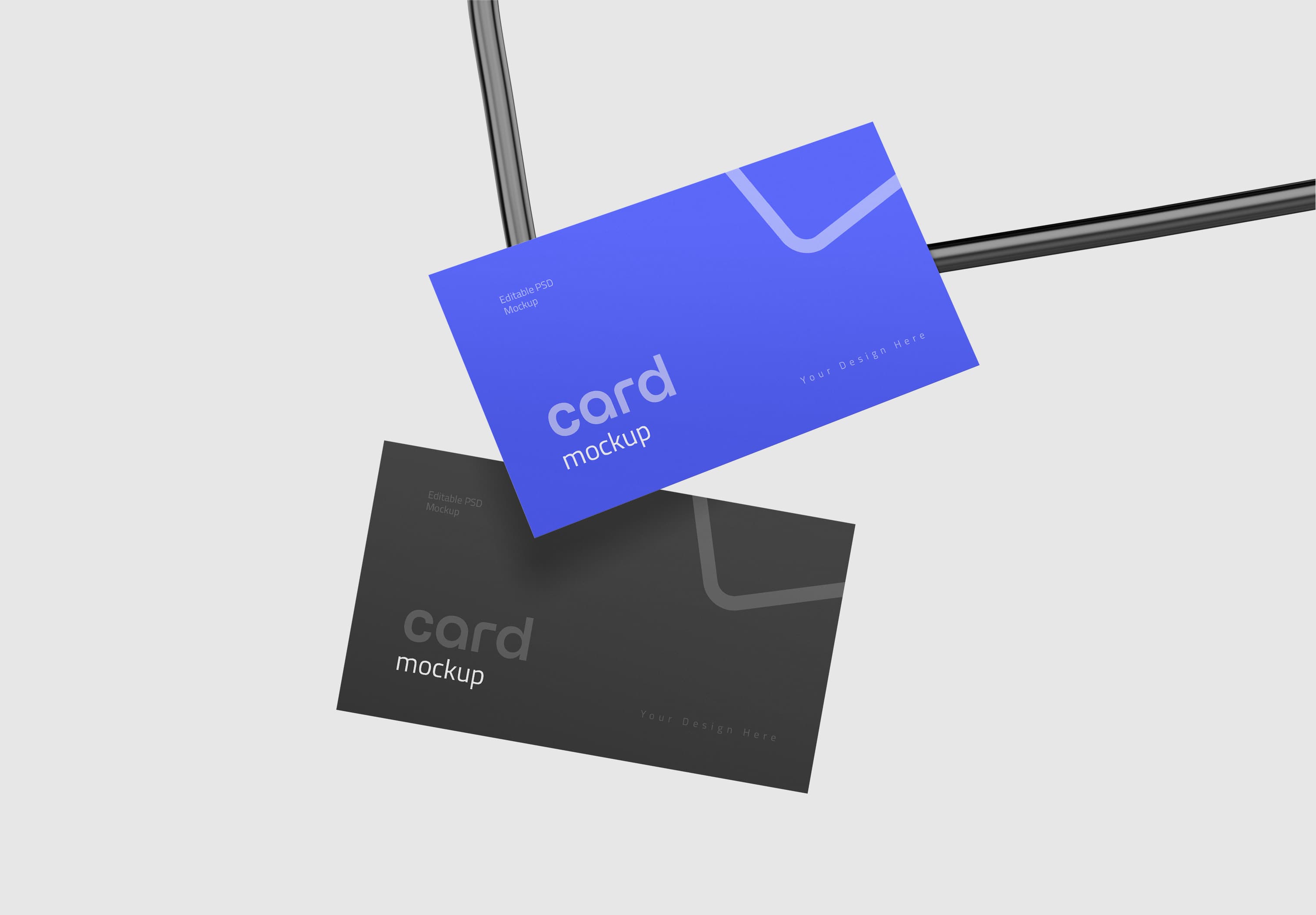Minimalist Business Card Mockup – Floating Blue & Black Cards on Metal Rod