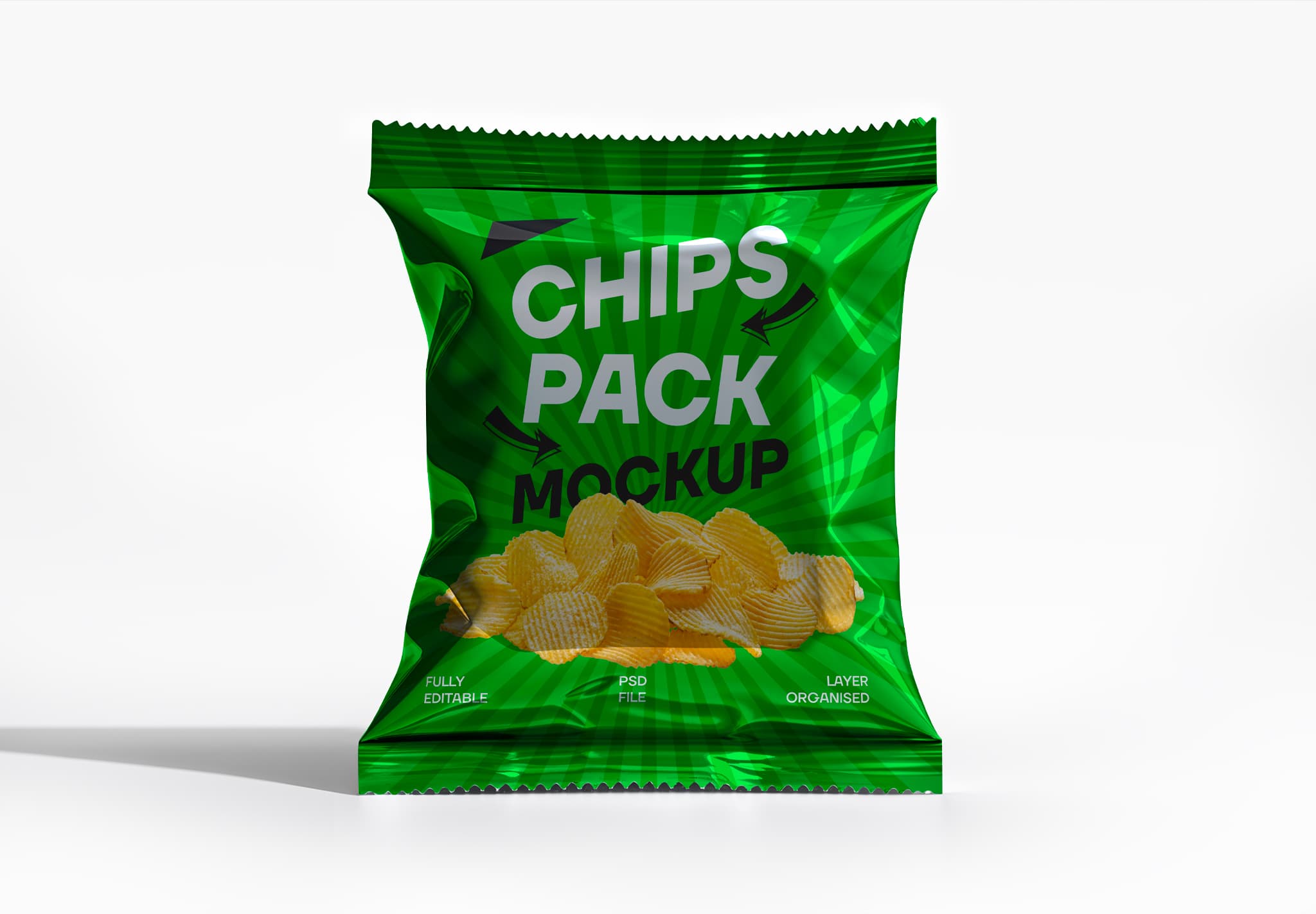 Chips Pack Mockup – Crinkled Green Snack Bag on White Background