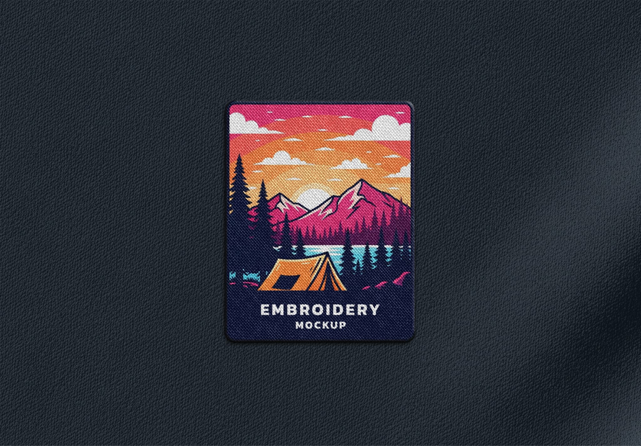Embroidery Patch Mockup – Mountain Sunset Design on Dark Fabric