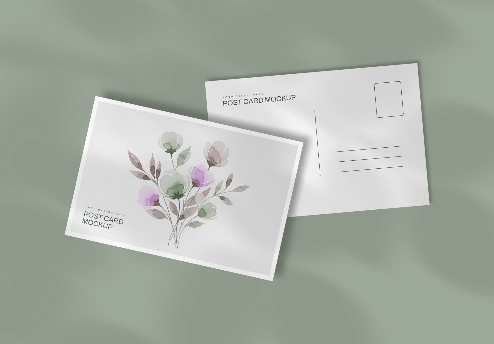 Floral Postcard Mockup – Front & Back View on Soft Green Background