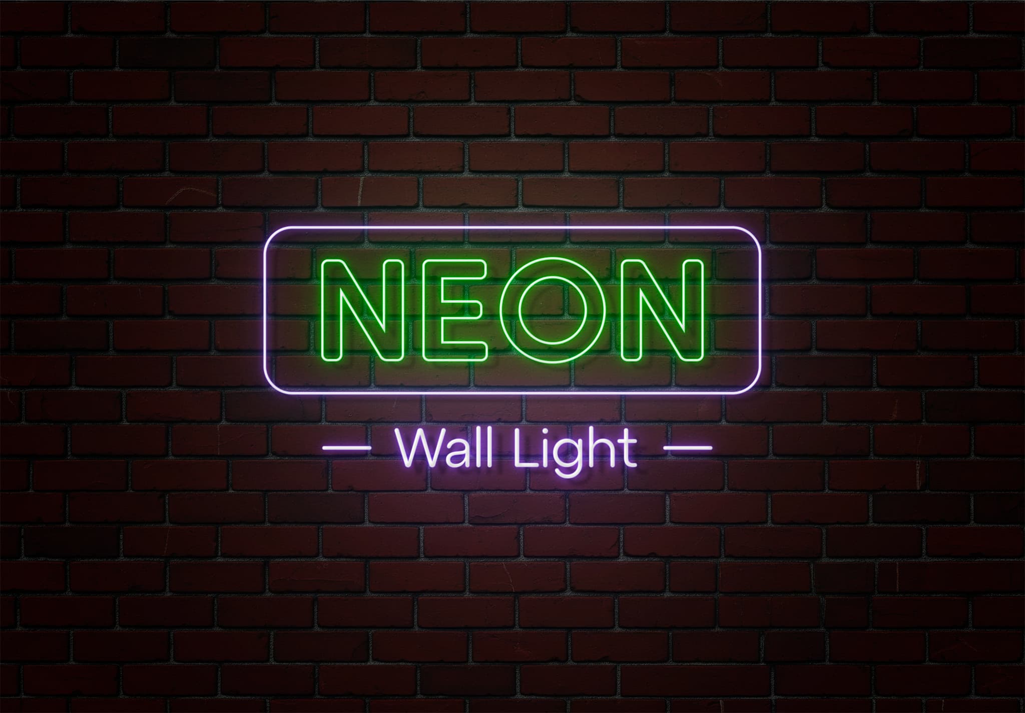 Green & Purple Neon Wall Light Mockup – Bold Text on Brick Background