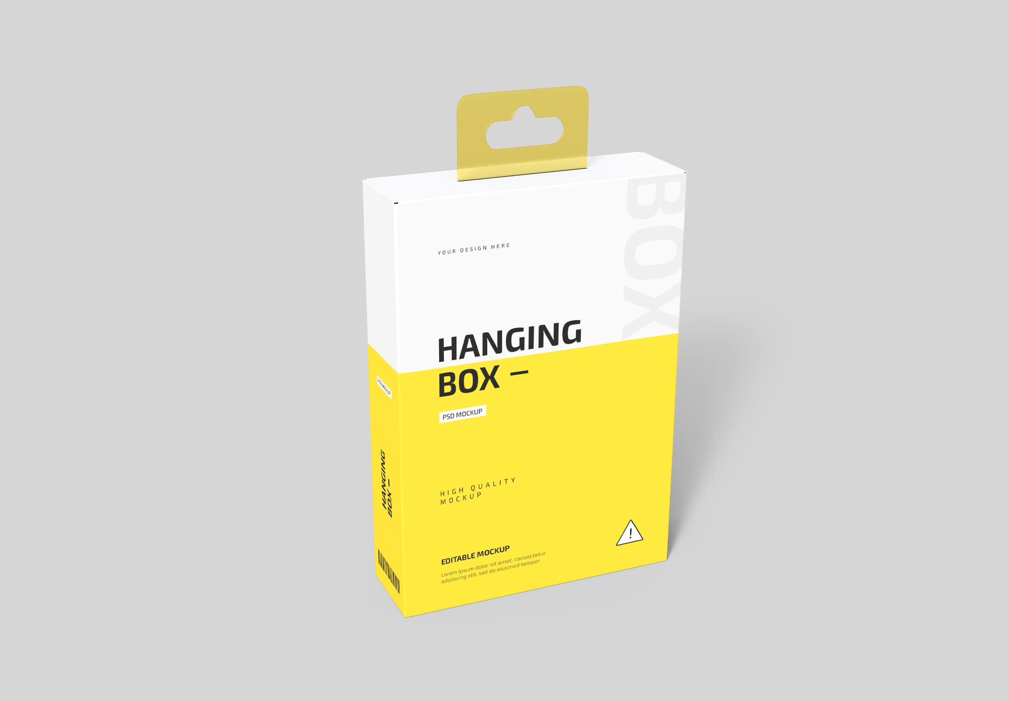 Hanging Box Mockup – White & Yellow Retail Packaging with Hook Tab