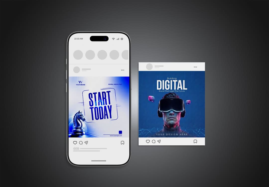 Smartphone Social Media Mockup with Side-by-Side Post Presentation