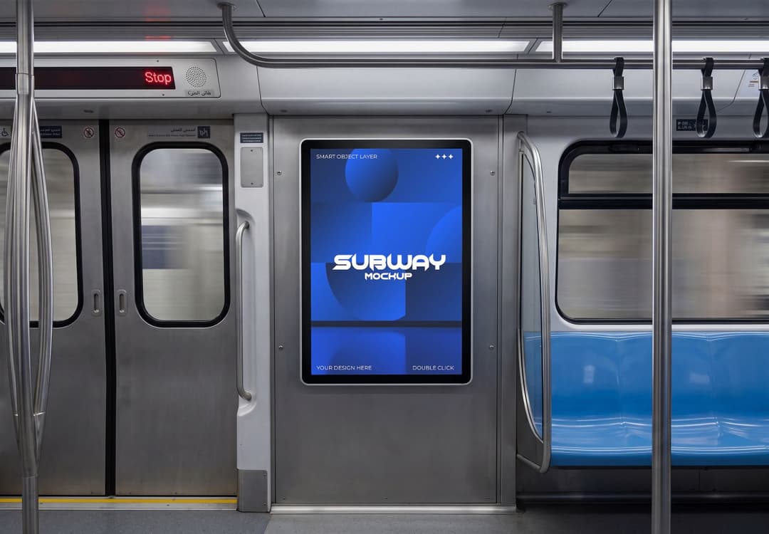 Subway Train Interior Poster Mockup with Vertical Ad Display