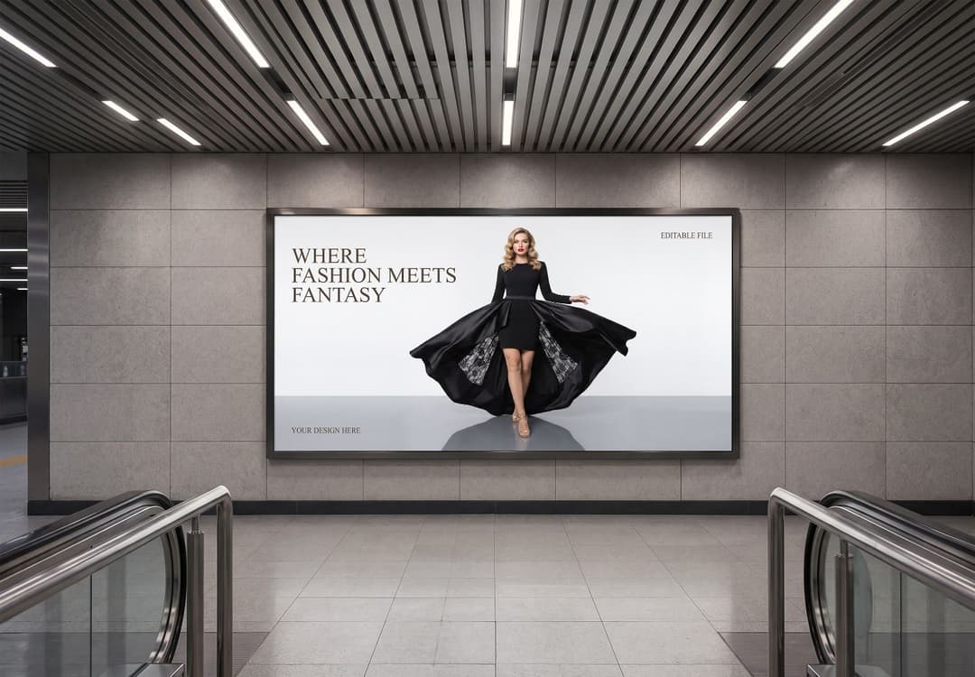 Fashion Billboard Mockup on Tiled Shopping Mall Wall