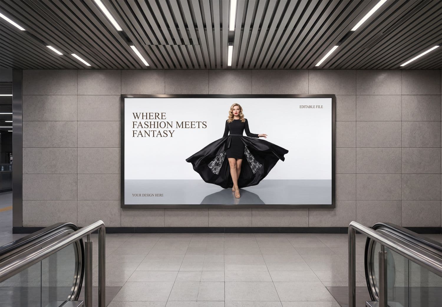 Fashion Billboard Mockup on Tiled Shopping Mall Wall