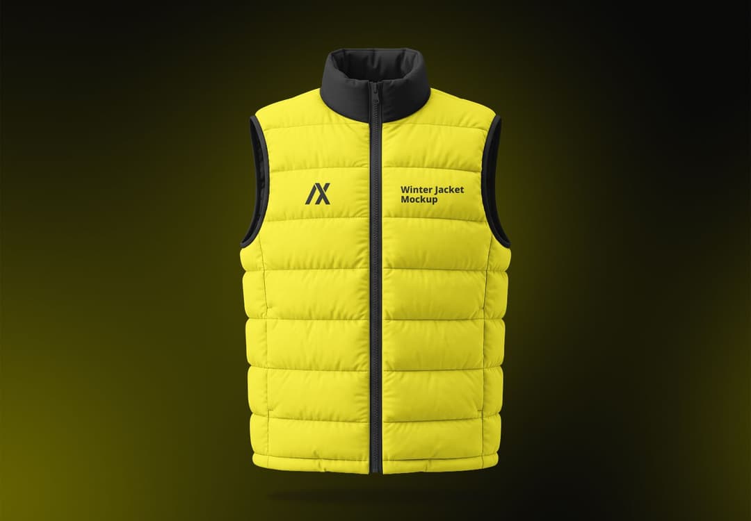 Realistic Yellow Puffer Jacket Vest Mockup for Custom Apparel Design