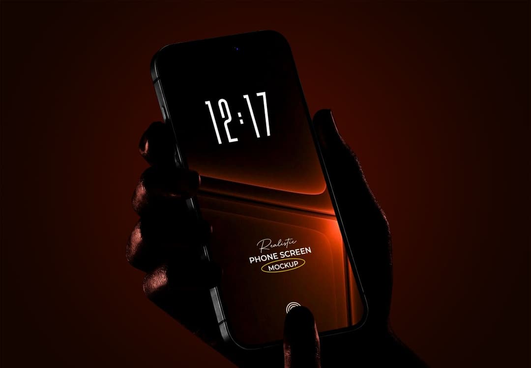 Realistic Smartphone Screen Mockup Held in Hand with Dark Lighting