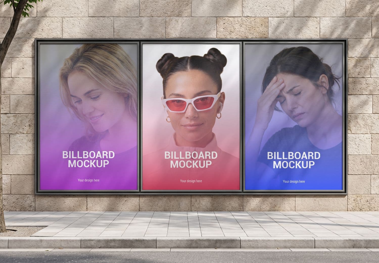 Three Framed Billboard Poster Mockup on Stone Wall