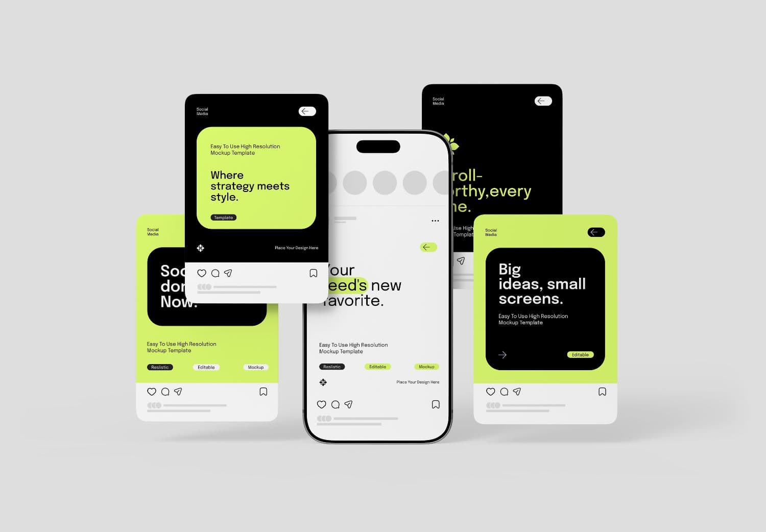 Central Smartphone Social Media Mockup with Multiple Floating Post Frames