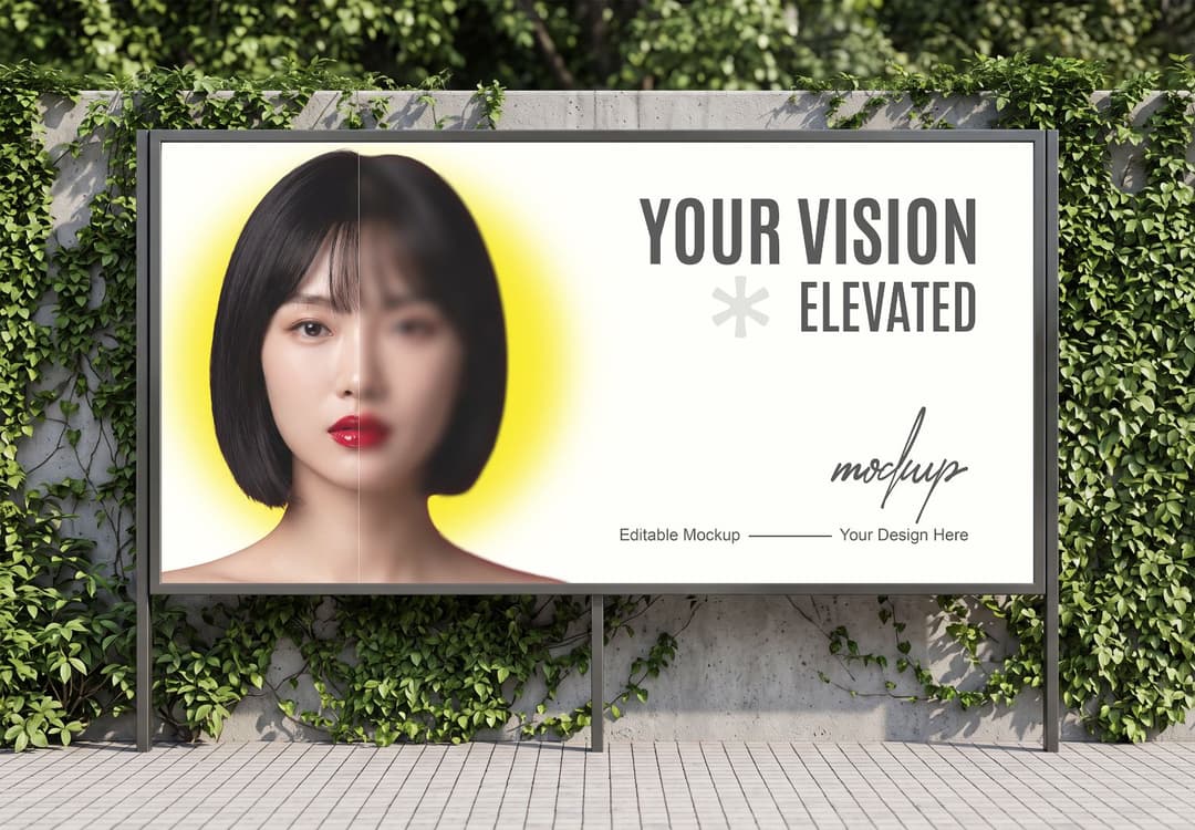 Outdoor Billboard Mockup on Ivy Covered Wall with Portrait Design