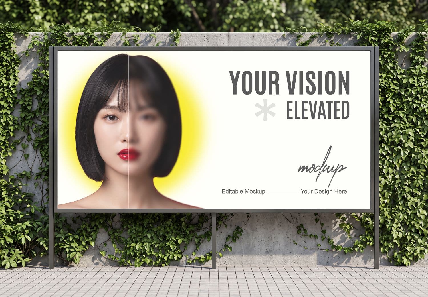 Outdoor Billboard Mockup on Ivy Covered Wall with Portrait Design