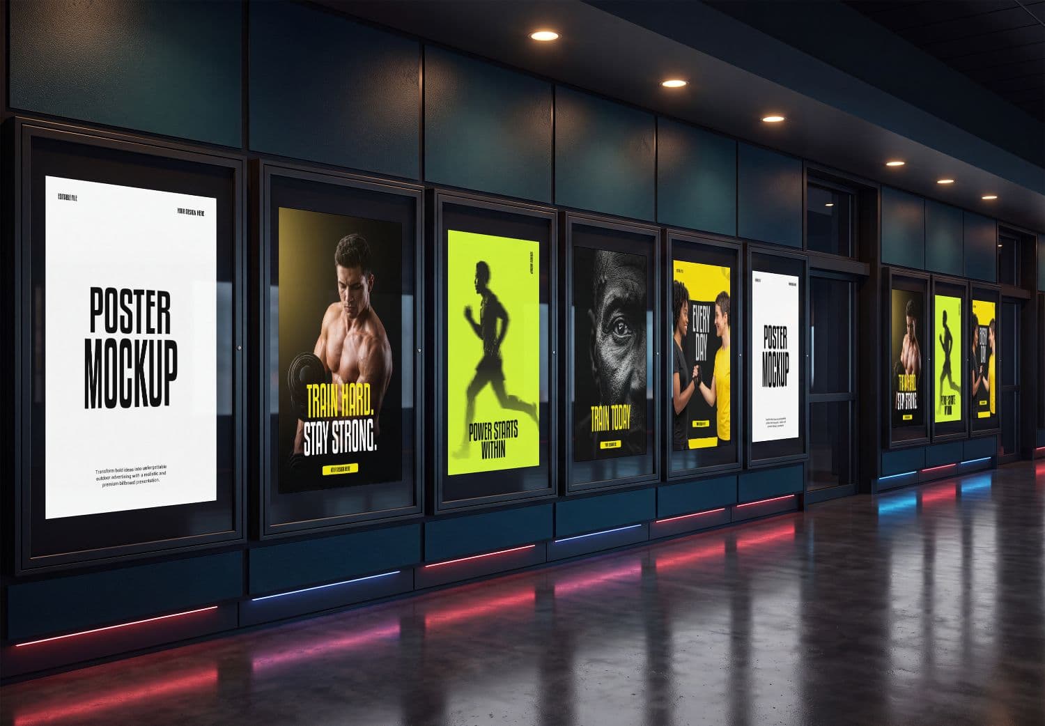 Multiple Framed Poster Mockup in Modern Indoor Corridor