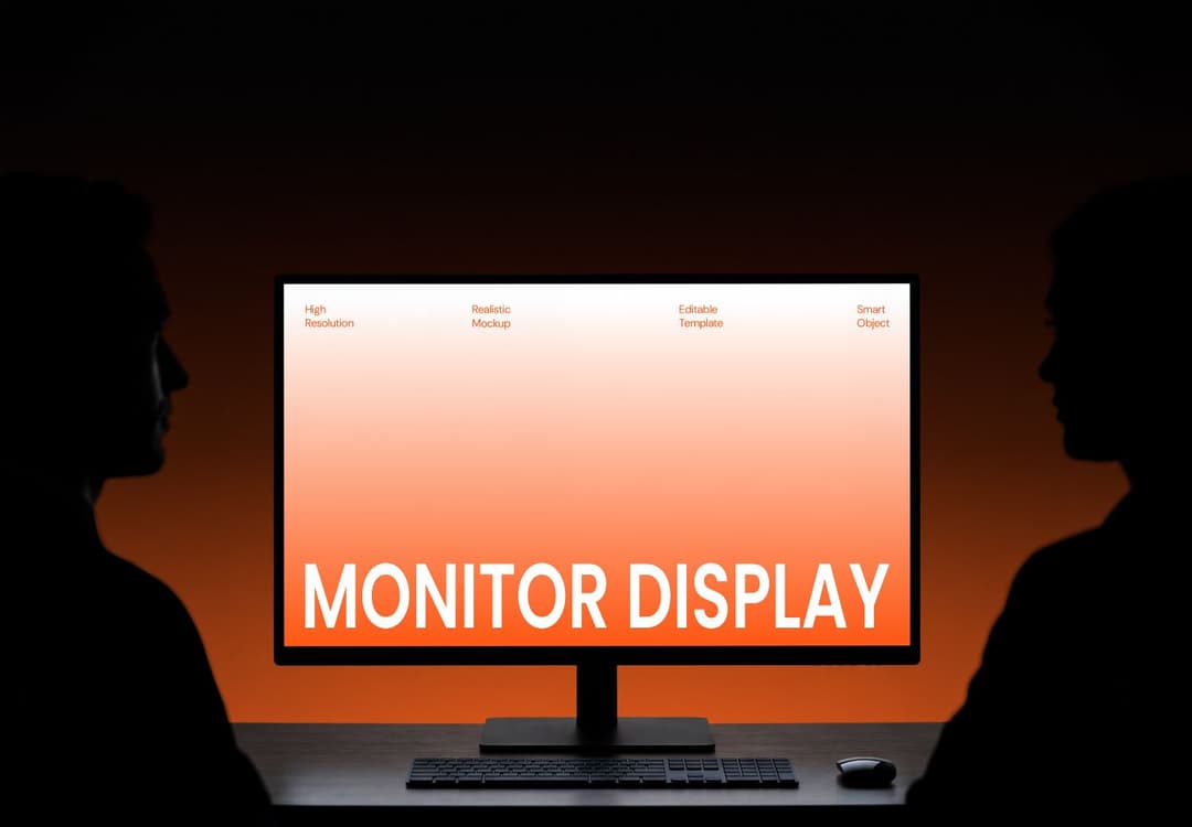 Dual Person Monitor Mockup with Desktop Display and Dark Studio Setting