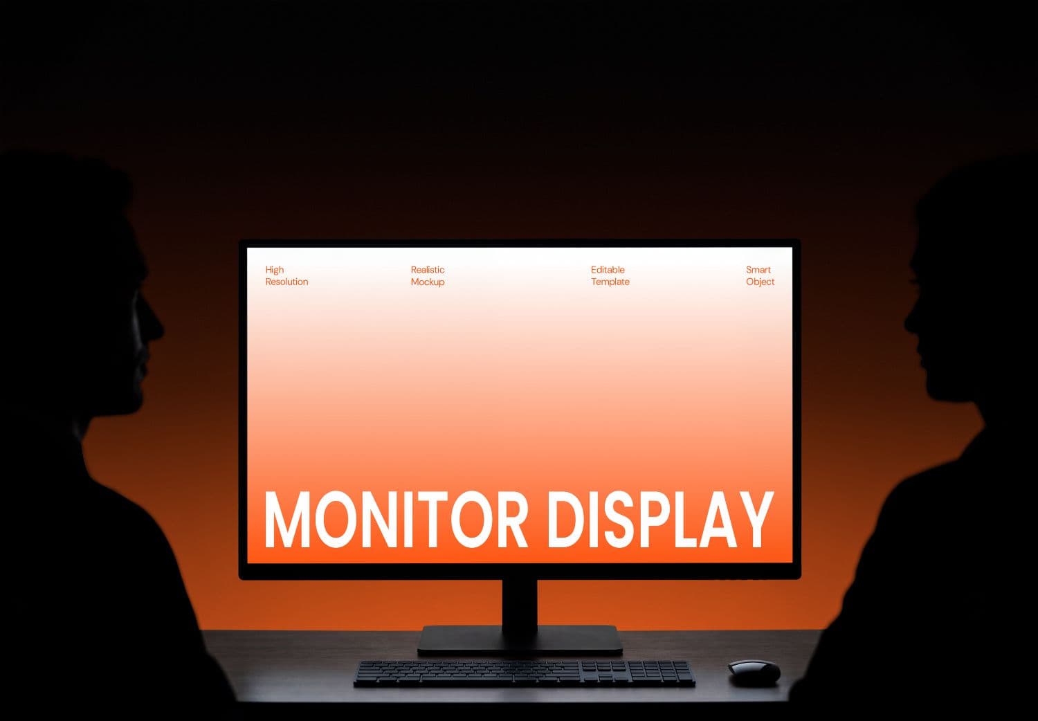 Dual Person Monitor Mockup with Desktop Display and Dark Studio Setting
