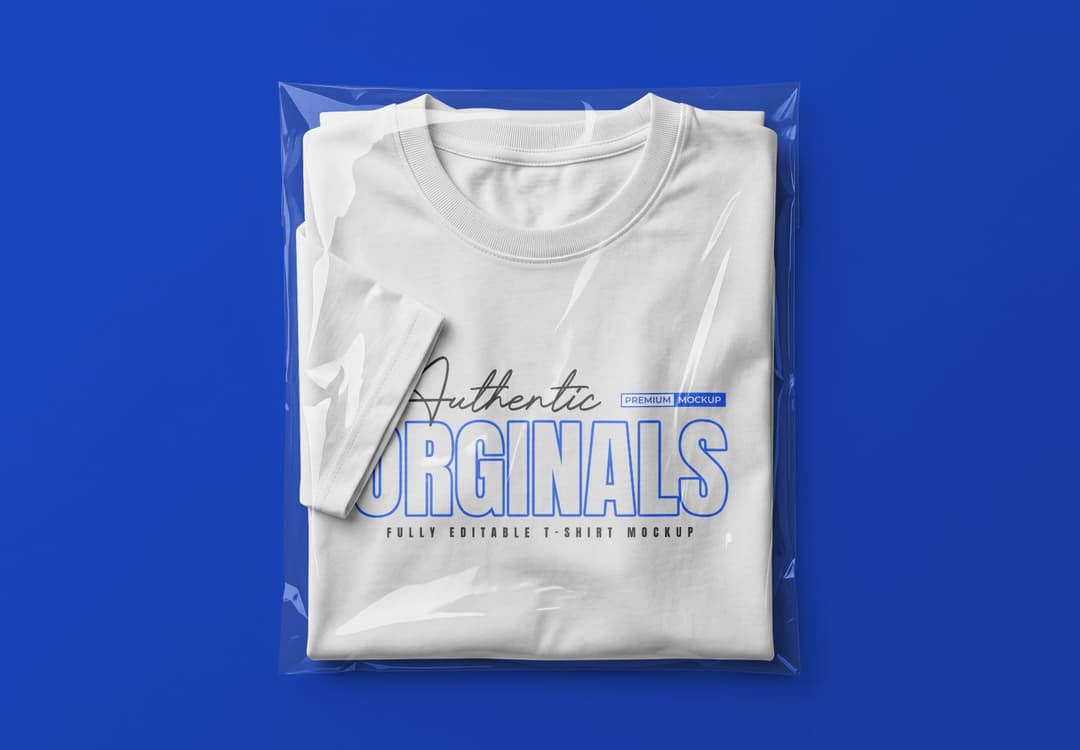 Folded White T-Shirt Packaging Mockup with Clear Plastic Bag