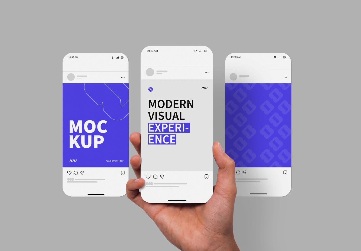 Handheld Social Media Post Mockup with Three Smartphone Screens