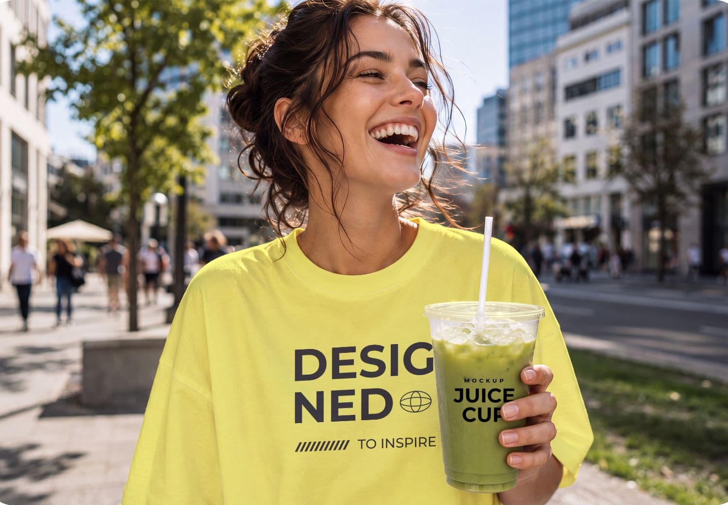 Yellow T-Shirt Lifestyle Mockup with Woman Holding a Drink Outdoors
