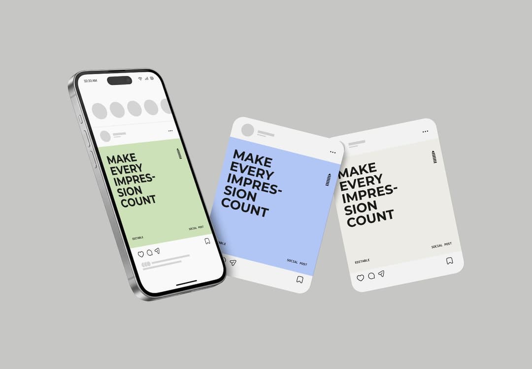 Realistic Social Media Post Mockup with Phone and Floating Square Posts